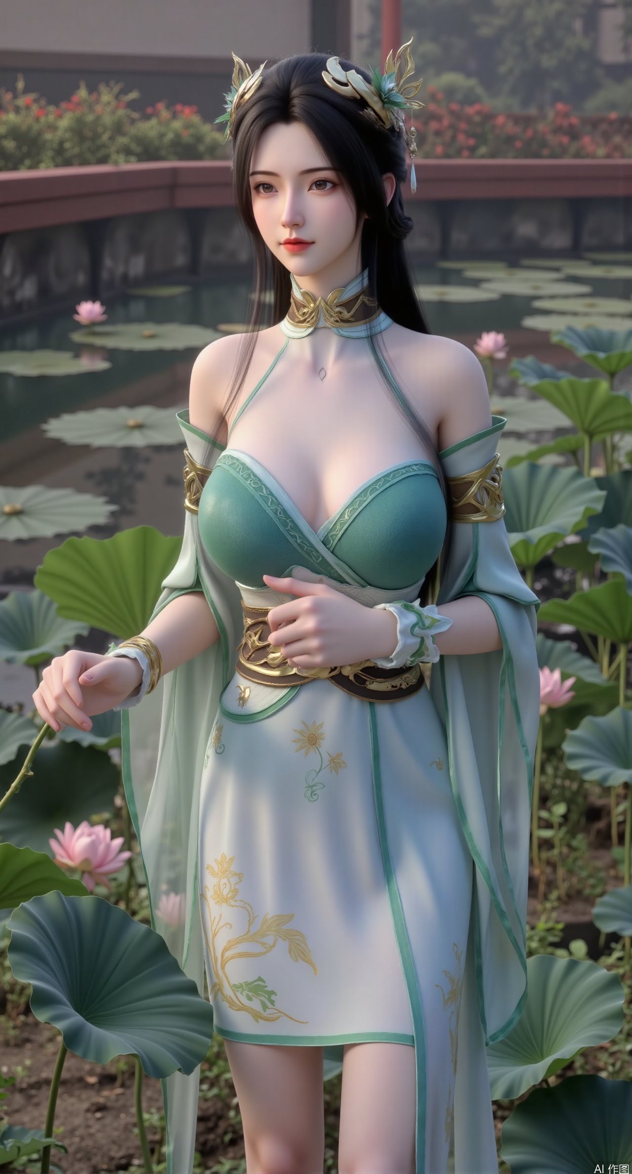  masterpiece,1girl,solo,black hair,(Standing by the lotus pond in the garden:1.33),black eyes,beautiful face,holding flower,looking at viewer,(huge breasts:2.59),(full breasts:1.99),Xzhanguopao,XJKzhifu,s,Xqhcqipao,Xxuanyi,Xbaiyin81,Xmeidusha,Xmoyunfei,XliumeiF,Xliumei