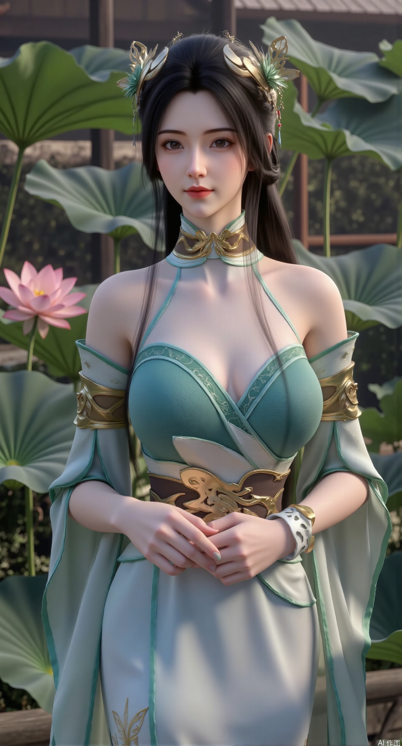  masterpiece,1girl,solo,black hair,(Standing by the lotus pond in the garden:1.33),black eyes,beautiful face,holding flower,looking at viewer,(huge breasts:2.59),(full breasts:1.99),Xzhanguopao,XJKzhifu,s,Xqhcqipao,Xxuanyi,Xbaiyin81,Xmeidusha,Xmoyunfei,XliumeiF,Xliumei