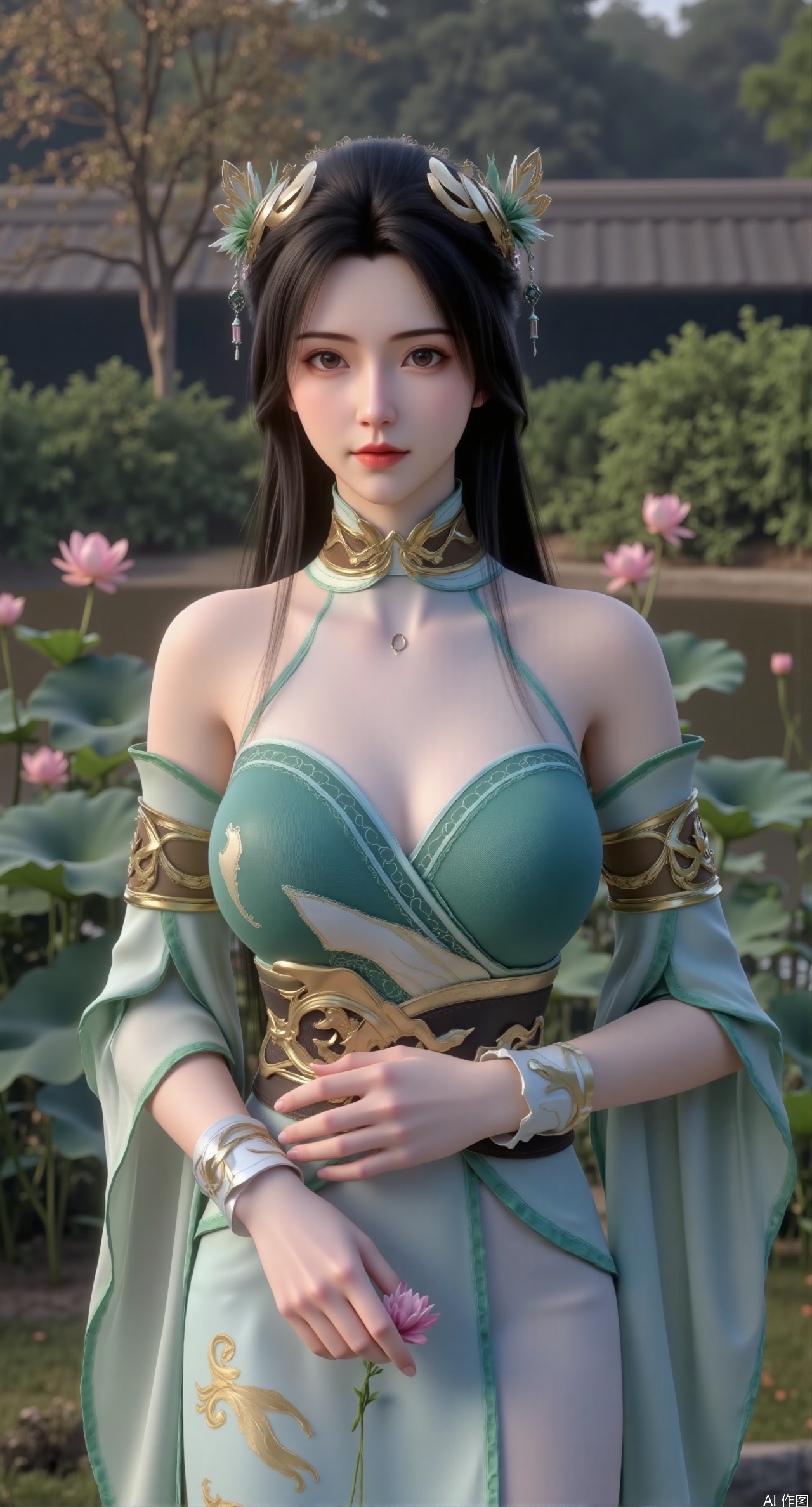  masterpiece,1girl,solo,black hair,(Standing by the lotus pond in the garden:1.33),black eyes,beautiful face,holding flower,looking at viewer,(huge breasts:2.59),(full breasts:1.99),Xzhanguopao,XJKzhifu,s,Xqhcqipao,Xxuanyi,Xbaiyin81,Xmeidusha,Xmoyunfei,XliumeiF,Xliumei