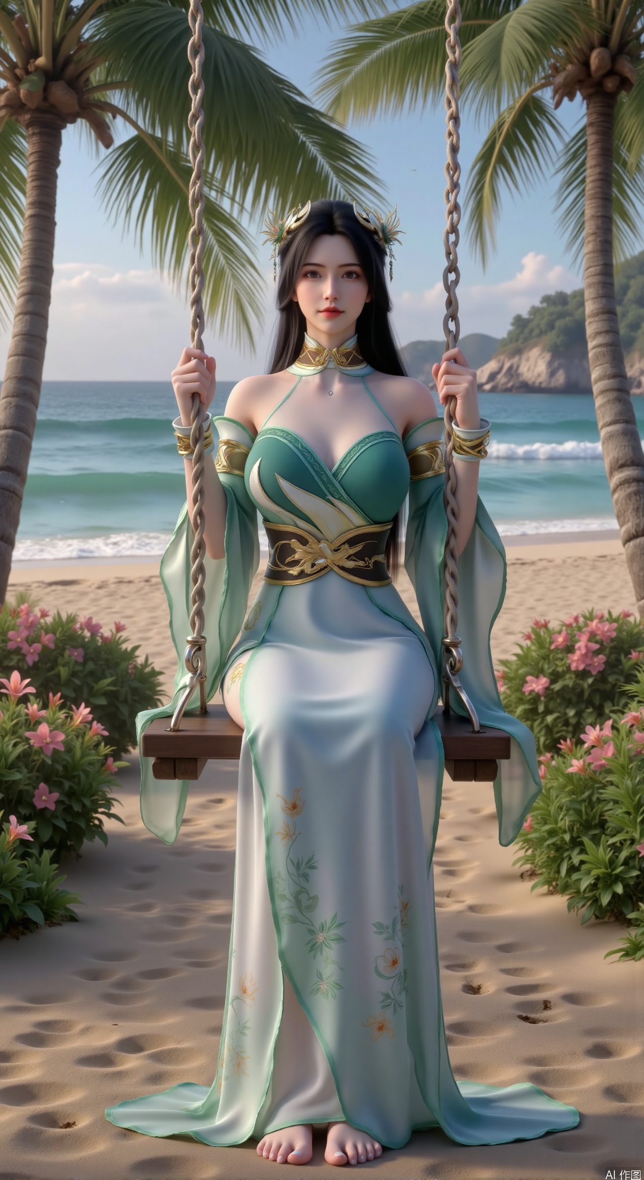  SFW,(masterpiece:1.2),best quality,absurdres,masterpiece,original,extremely detailed wallpaper,perfect lighting,Golden sandy beach covered with vibrant flowers, turquoise waves gently lapping the shore, elegant woman in embroidered qipao swinging on a wooden swing under coconut trees, bright flower clusters spreading from sand to palm tree roots, soft natural light filtering through coconut leaves, ocean breeze lifting hair and qipao hem, high-resolution details showcasing petal textures and silk fabric sheen, ultra-wide angle lens capturing coastline panorama, cinematic color grading with soft focus on the central figure,(huge breasts:2.99),(full breasts:2.99),Xzhihua,Xsiyouyou,Xyanruyu,Xmoxiaonan,Xyeqingxian