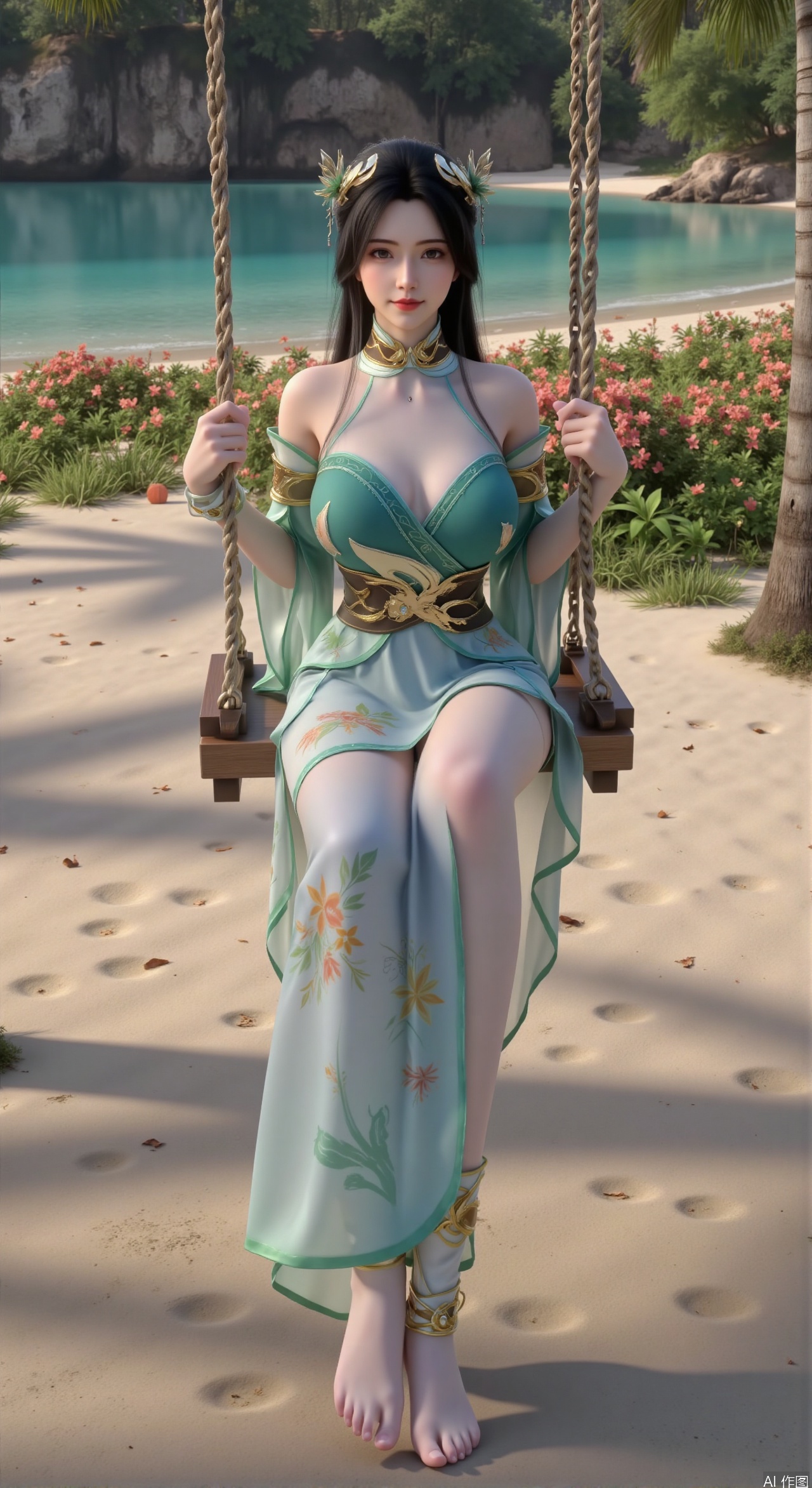  SFW,(masterpiece:1.2),best quality,absurdres,masterpiece,original,extremely detailed wallpaper,perfect lighting,Golden sandy beach covered with vibrant flowers, turquoise waves gently lapping the shore, elegant woman in embroidered qipao swinging on a wooden swing under coconut trees, bright flower clusters spreading from sand to palm tree roots, soft natural light filtering through coconut leaves, ocean breeze lifting hair and qipao hem, high-resolution details showcasing petal textures and silk fabric sheen, ultra-wide angle lens capturing coastline panorama, cinematic color grading with soft focus on the central figure,(huge breasts:2.99),(full breasts:2.99),Xzhihua,Xsiyouyou,Xyanruyu,Xmoxiaonan,Xyeqingxian