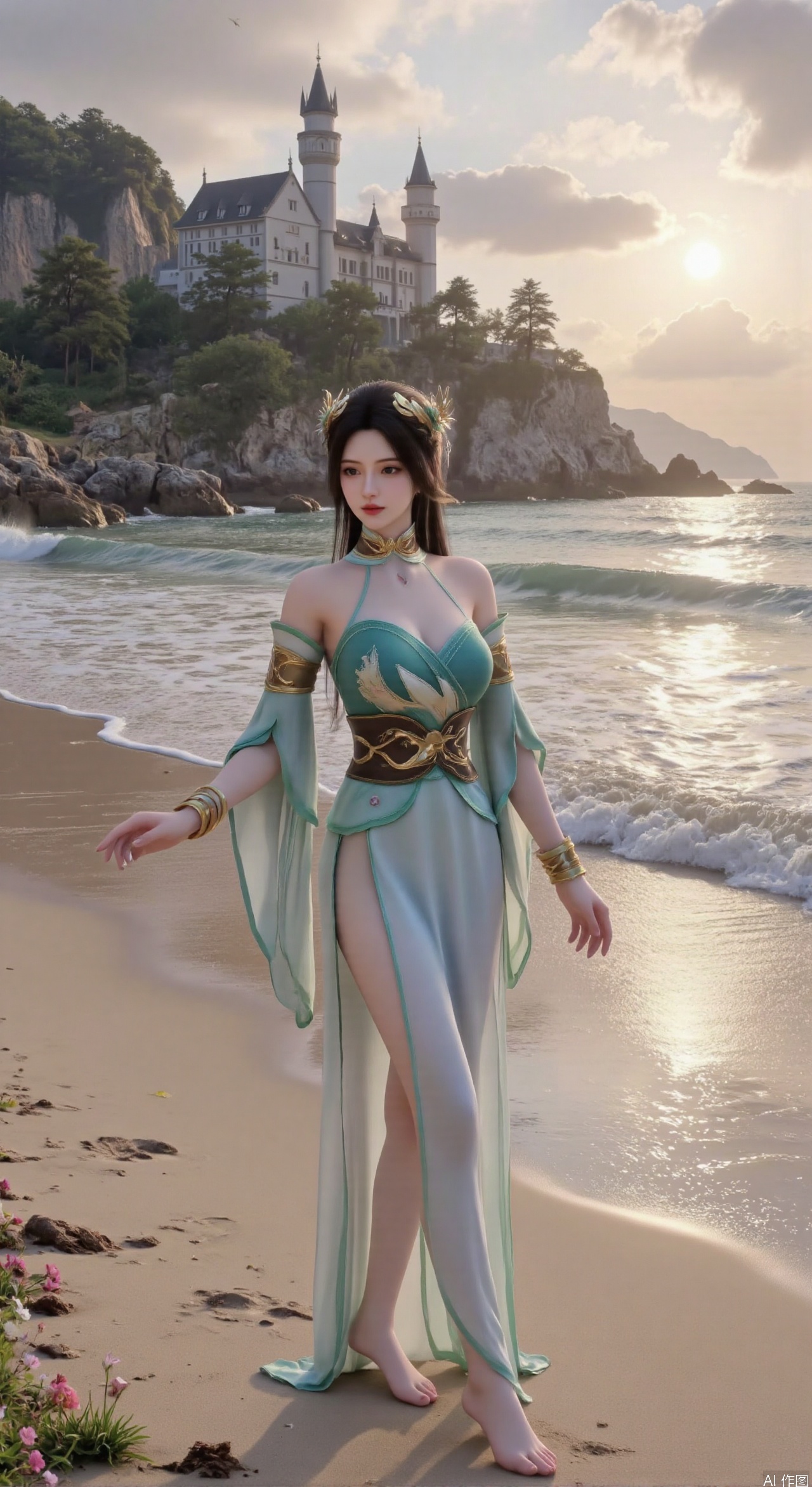  SFW,(masterpiece:1.2),best quality,3d anime style, cg,absurdres,masterpiece,original,extremely detailed wallpaper,perfect lighting,official art, A young woman in embroidered qipao standing barefoot on golden sandy beach, colorful flowers around feet, ocean waves washing over feet, white medieval castle with pointed towers resembling Neuschwanstein Castle perched on steep cliff in background, golden sunset rays piercing through clouds, ultra-wide angle composition with detailed foreground sand textures, dynamic mid-shot of figure interacting with waves, three-dimensional castle structure in background, high saturation colors, 8K resolution, precise depth of field control, HDR lighting, surreal elements blended with photorealistic details, realistic water reflections, intricate silk fabric texture, castle floating in mist atmosphere,(huge breasts:2.99),(full breasts:2.99),Xhenge,Xshisanyi