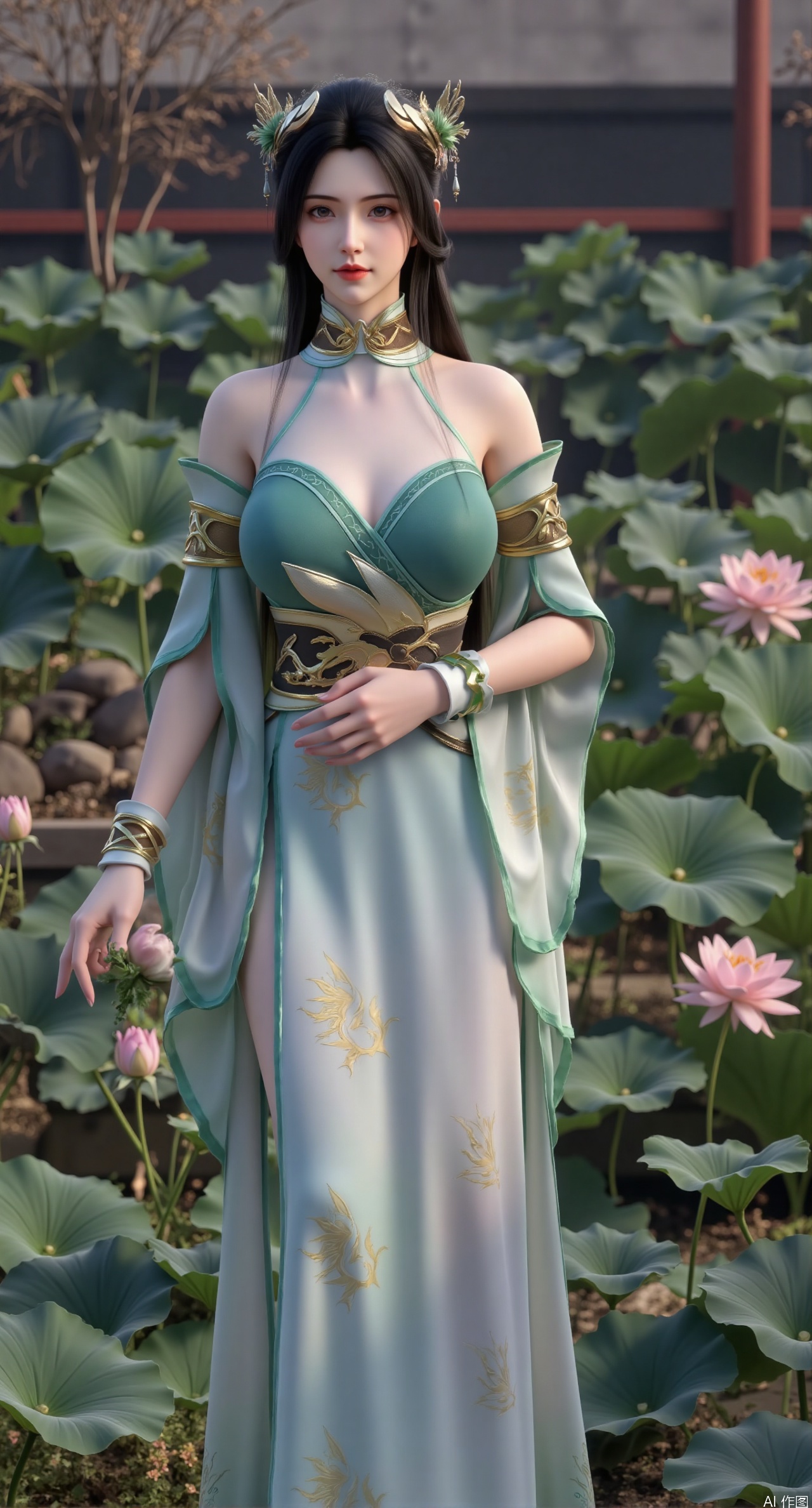  masterpiece,1girl,solo,black hair,(Standing by the lotus pond in the garden:1.33),black eyes,beautiful face,holding flower,looking at viewer,(huge breasts:2.59),(full breasts:1.99),Xzhanguopao,XJKzhifu,s,Xqhcqipao,Xxuanyi,Xbaiyin81,Xmeidusha,Xmoyunfei,XliumeiF,Xliumei
