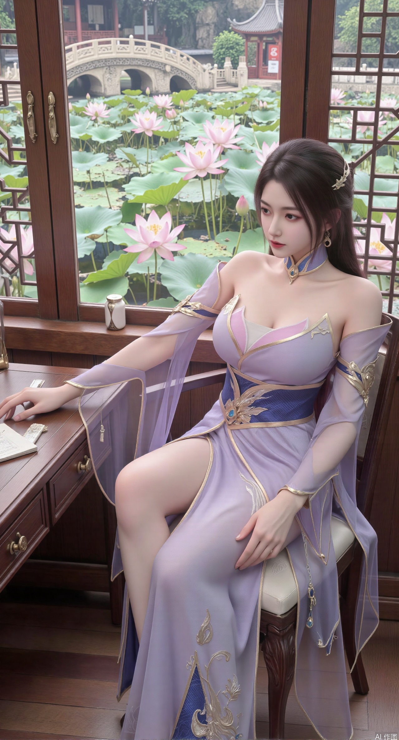SFW,(masterpiece, best quality:1.2),1girl, solo, long dress,Ancient princess's boudoir with bright color palette, Hanfu-clad maiden sitting by latticed window desk in romantic daydreaming posture,  classical Chinese garden through window showcasing lotus pond filled with blooming pink and white lotuses, delicate ink-wash painting style, interior featuring rosewood furniture with mother-of-pearl inlay, silk curtains fluttering in breeze, porcelain stationery set on desk, distant view of curved bridges and pavilions in garden, ultra HD rendering with crisp details on embroidered garments and translucent lotus petals,,(huge breasts:2.99),(full breasts:2.89), 
