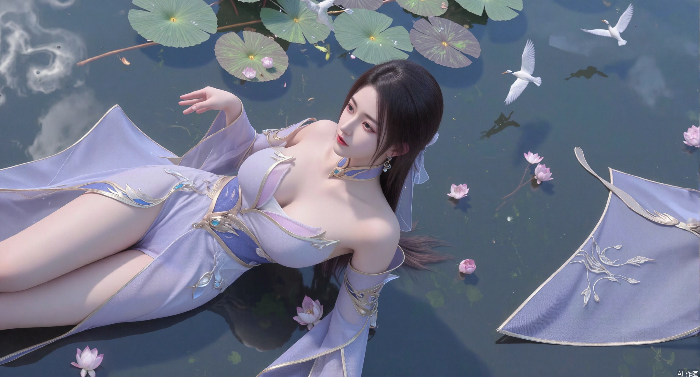 SFW,(masterpiece:1.2),best quality,1girl,solo,long hair,long dress,Half lying,celestial maiden in flowing tulle gown levitates above lotus pond, ethereal mist trails from hair ribbons, mythical Penglai paradise emerges through clouds with glowing pavilions, translucent bioluminescent lotus blooms, flock of cranes gliding over water surface, ultra HD with soft 3D rendering, morning light filters through mist, falling petal rain, intricate details on scale-patterned fabric and lotus veins.(huge breasts:2.99),(full breasts:2.99),XliumeiY