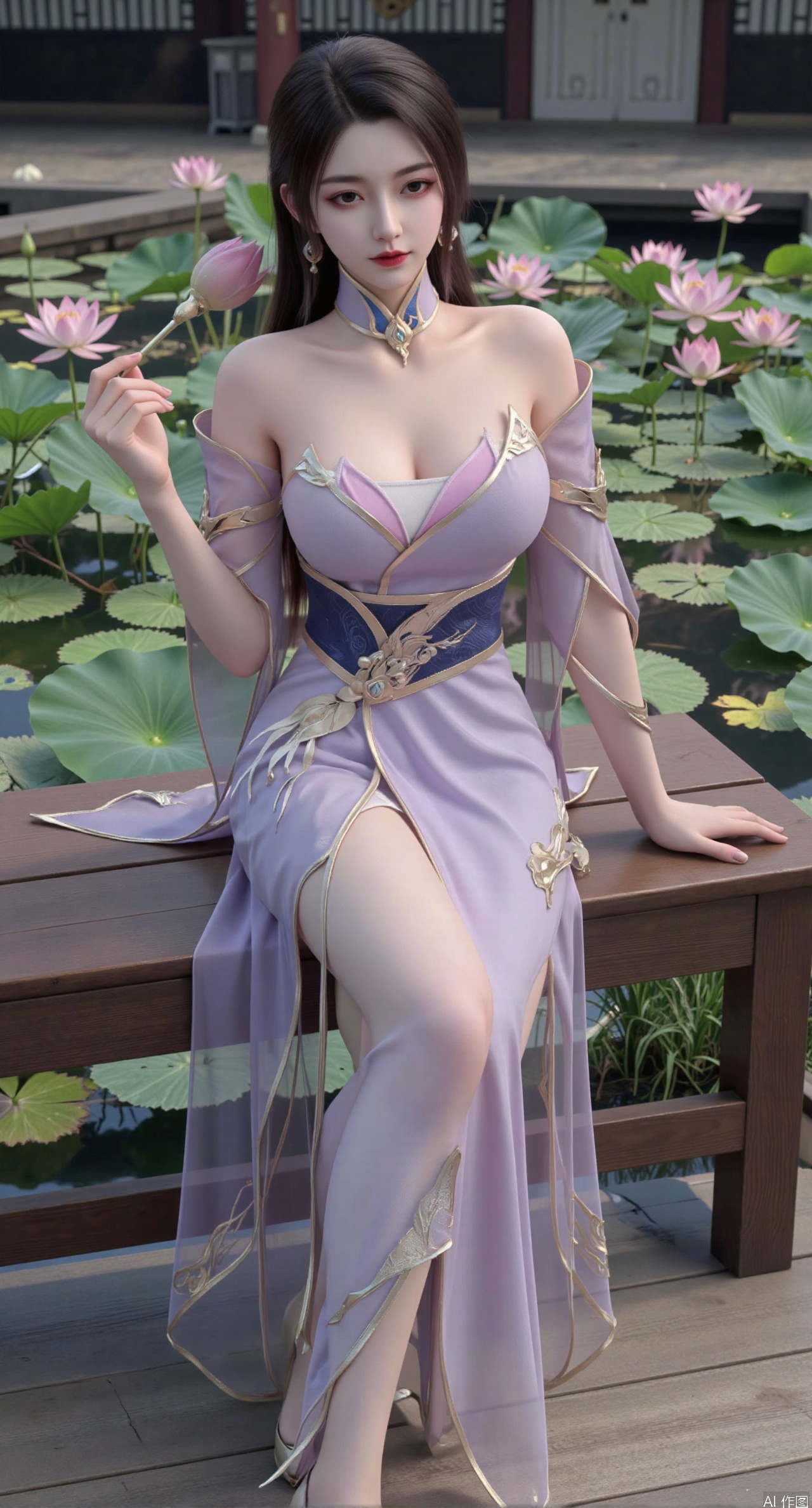  SFW,(masterpiece:1.2),best quality,The image is a digital illustration of a young woman sitting on a wooden bench in a pond with lily pads. She is wearing a long dress with design on the chest and sleeves. The dress has a high neckline and short sleeves,Holding a lotus in hand. She has long dark hair styled in loose waves and is wearing gold high heels. The woman is posing with one hand on her hip and the other resting on the edge of the bench. The background is filled with pink and white lotus flowers and green leaves. The overall mood of the image is peaceful and serene,(huge breasts:2.99),(full breasts:2.99),(Background with traditional Chinese architecture, lotus pond and pink lotus flowers:1.39),XtianqiongY,XliumeiY,large natural breast,soft breasts
