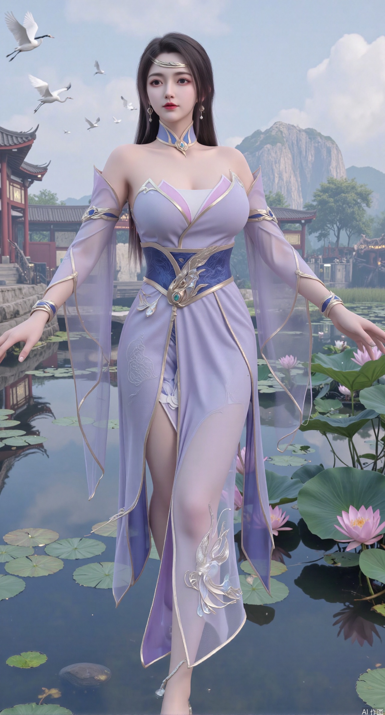 SFW,(masterpiece:1.2),best quality,1girl,solo,long hair,long dress,celestial maiden in flowing tulle gown levitates above lotus pond, ethereal mist trails from hair ribbons, mythical Penglai paradise emerges through clouds with glowing pavilions, translucent bioluminescent lotus blooms, flock of cranes gliding over water surface, ultra HD with soft 3D rendering, morning light filters through mist, falling petal rain, intricate details on scale-patterned fabric and lotus veins.(huge breasts:2.99),(full breasts:2.99),XliumeiY