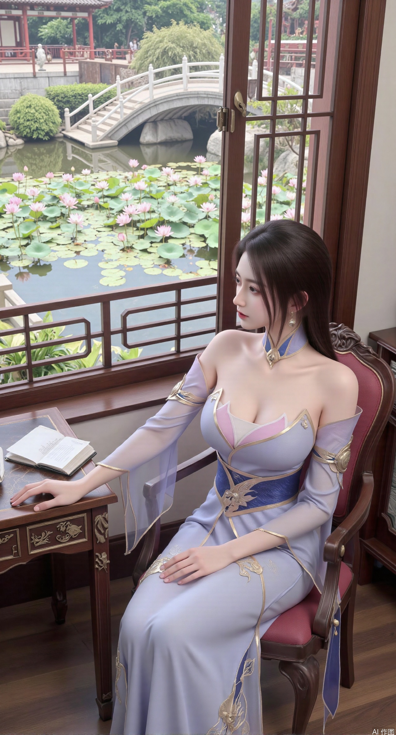 SFW,(masterpiece, best quality:1.2),1girl, solo, long dress,Ancient princess's boudoir with bright color palette, Hanfu-clad maiden sitting by latticed window desk in romantic daydreaming posture,  classical Chinese garden through window showcasing lotus pond filled with blooming pink and white lotuses, delicate ink-wash painting style, interior featuring rosewood furniture with mother-of-pearl inlay, silk curtains fluttering in breeze, porcelain stationery set on desk, distant view of curved bridges and pavilions in garden, ultra HD rendering with crisp details on embroidered garments and translucent lotus petals,,(huge breasts:2.99),(full breasts:2.89), 