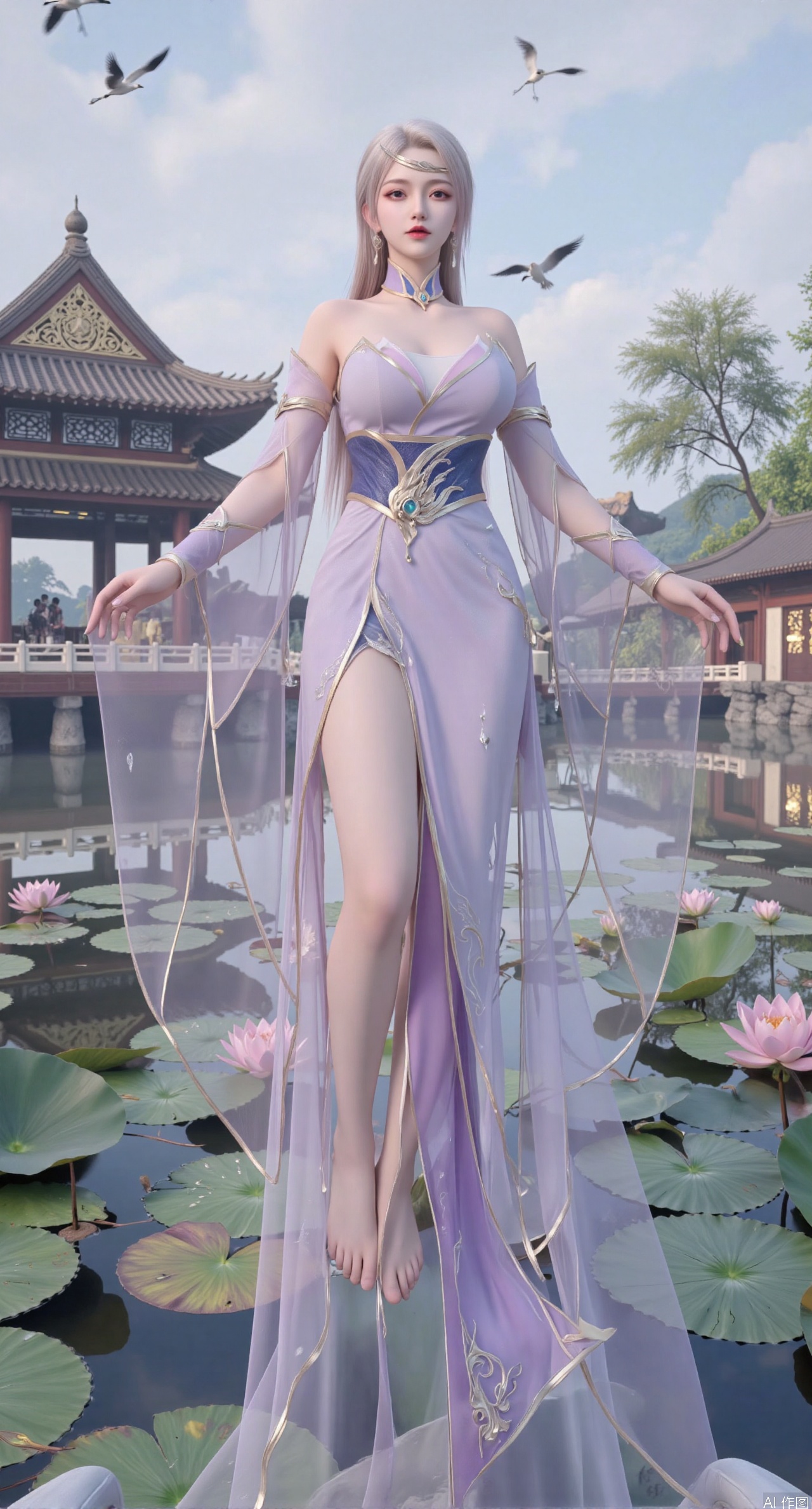 SFW,(masterpiece:1.2),best quality,1girl,solo,long hair,long dress,celestial maiden in flowing tulle gown levitates above lotus pond, ethereal mist trails from hair ribbons, mythical Penglai paradise emerges through clouds with glowing pavilions, translucent bioluminescent lotus blooms, flock of cranes gliding over water surface, ultra HD with soft 3D rendering, morning light filters through mist, falling petal rain, intricate details on scale-patterned fabric and lotus veins.(huge breasts:2.99),(full breasts:2.99),XliumeiY