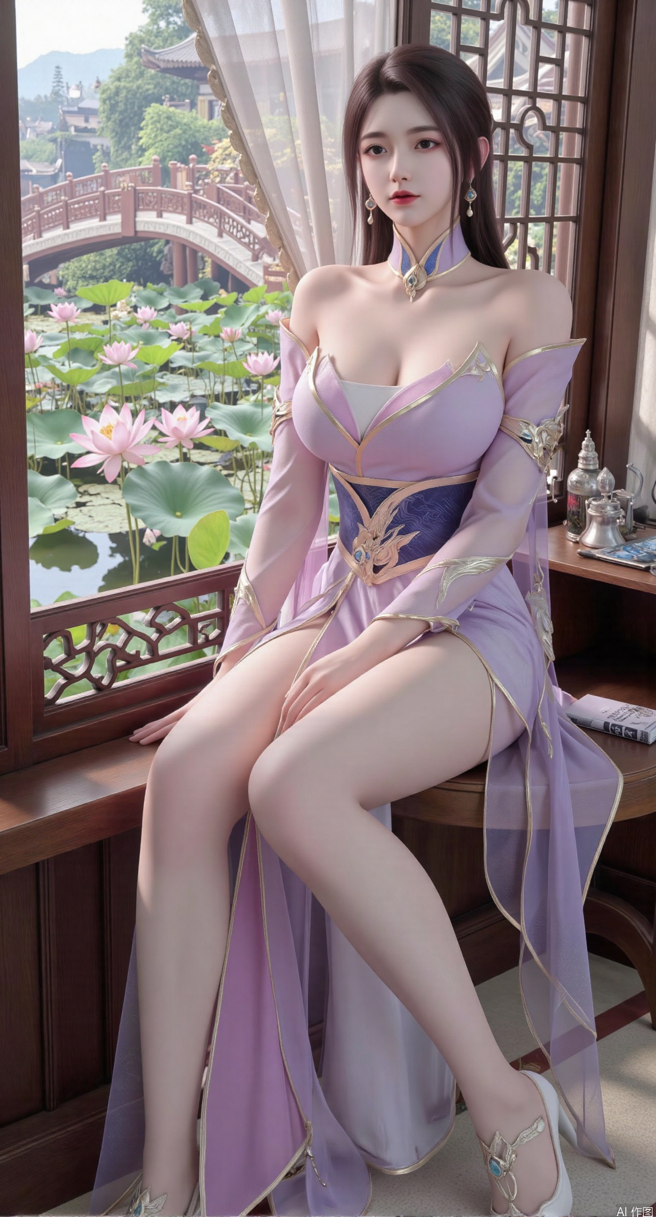 SFW,(masterpiece, best quality:1.2),1girl, solo, long dress,Ancient princess's boudoir with bright color palette, Hanfu-clad maiden sitting by latticed window desk in romantic daydreaming posture,  classical Chinese garden through window showcasing lotus pond filled with blooming pink and white lotuses, delicate ink-wash painting style, interior featuring rosewood furniture with mother-of-pearl inlay, silk curtains fluttering in breeze, porcelain stationery set on desk, distant view of curved bridges and pavilions in garden, ultra HD rendering with crisp details on embroidered garments and translucent lotus petals,,(huge breasts:2.99),(full breasts:2.89), 