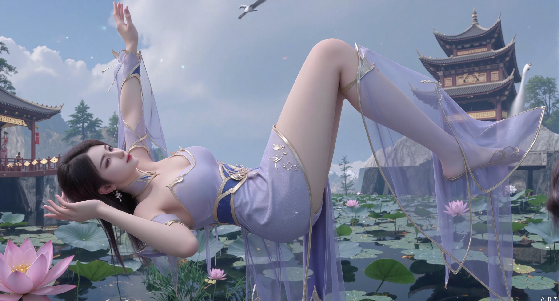SFW,(masterpiece:1.2),best quality,1girl,solo,long hair,long dress,Half lying,celestial maiden in flowing tulle gown levitates above lotus pond, ethereal mist trails from hair ribbons, mythical Penglai paradise emerges through clouds with glowing pavilions, translucent bioluminescent lotus blooms, flock of cranes gliding over water surface, ultra HD with soft 3D rendering, morning light filters through mist, falling petal rain, intricate details on scale-patterned fabric and lotus veins.(huge breasts:2.99),(full breasts:2.99),XliumeiY