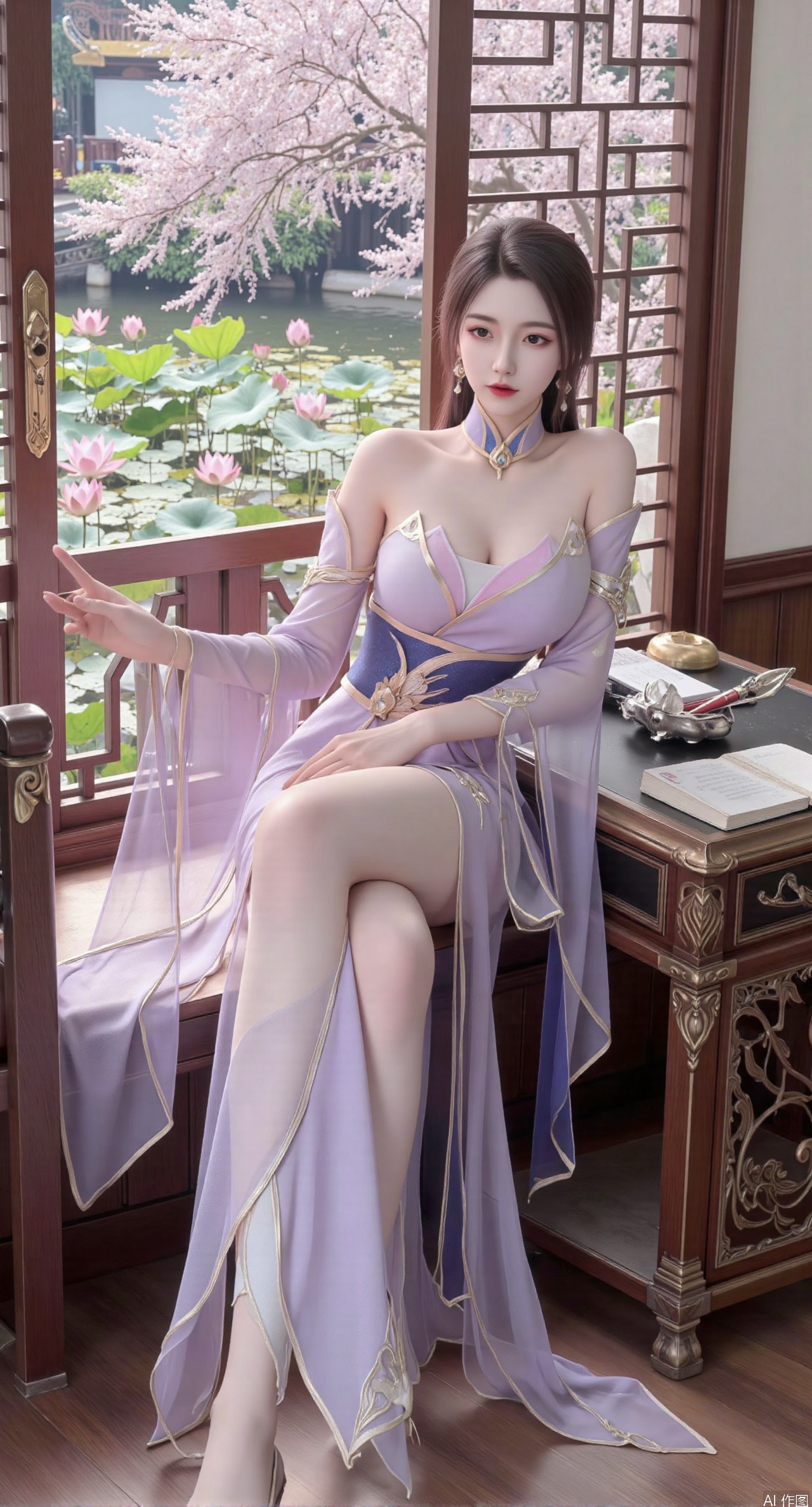 SFW,(masterpiece, best quality:1.2),1girl, solo, long dress,Ancient princess's boudoir with bright color palette, Hanfu-clad maiden sitting by latticed window desk in romantic daydreaming posture,  classical Chinese garden through window showcasing lotus pond filled with blooming pink and white lotuses, delicate ink-wash painting style, interior featuring rosewood furniture with mother-of-pearl inlay, silk curtains fluttering in breeze, porcelain stationery set on desk, distant view of curved bridges and pavilions in garden, ultra HD rendering with crisp details on embroidered garments and translucent lotus petals,,(huge breasts:2.99),(full breasts:2.89), 