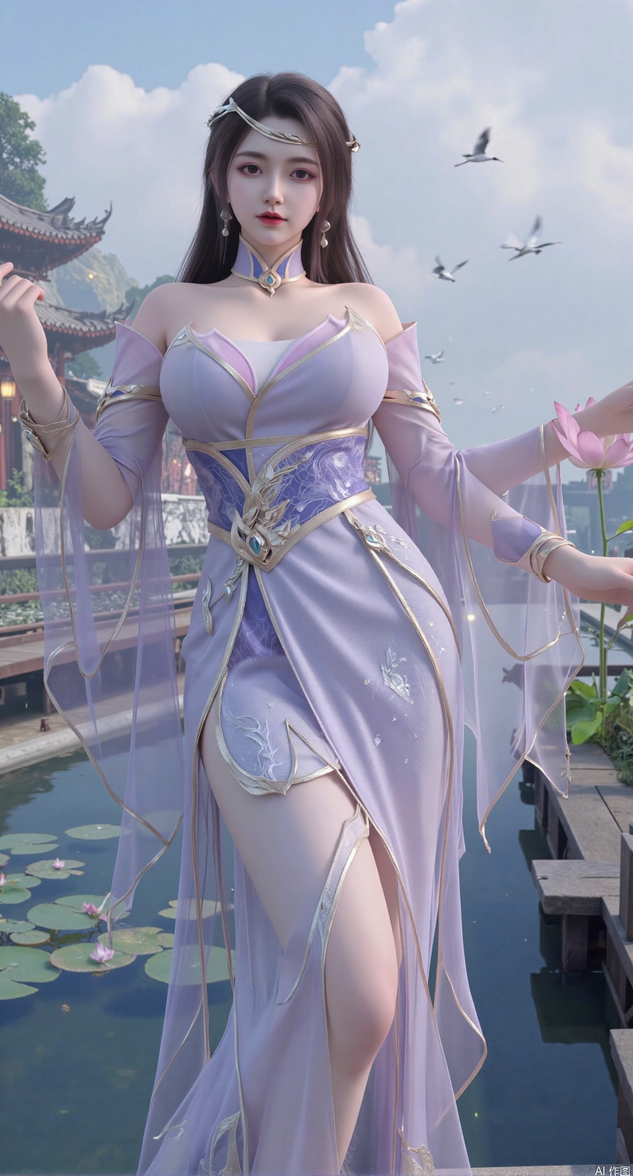 SFW,(masterpiece:1.2),best quality,1girl,solo,long hair,long dress,celestial maiden in flowing tulle gown levitates above lotus pond, ethereal mist trails from hair ribbons, mythical Penglai paradise emerges through clouds with glowing pavilions, translucent bioluminescent lotus blooms, flock of cranes gliding over water surface, ultra HD with soft 3D rendering, morning light filters through mist, falling petal rain, intricate details on scale-patterned fabric and lotus veins.(huge breasts:2.99),(full breasts:2.99),XliumeiY