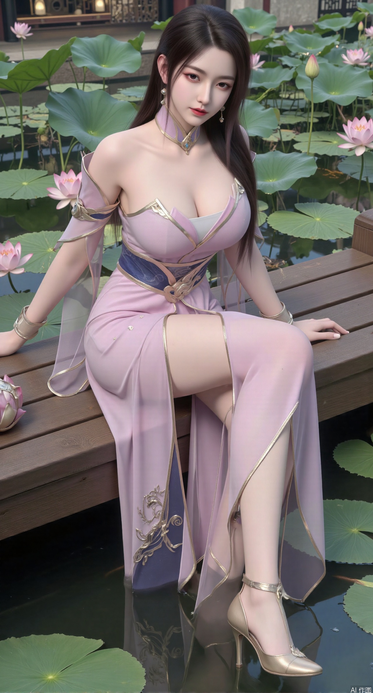 SFW,(masterpiece:1.2),best quality,The image is a digital illustration of a young woman sitting on a wooden bench in a pond with lily pads. She is wearing a long dress with design on the chest and sleeves. The dress has a high neckline and short sleeves,Holding a lotus in hand. She has long dark hair styled in loose waves and is wearing gold high heels. The woman is posing with one hand on her hip and the other resting on the edge of the bench. The background is filled with pink and white lotus flowers and green leaves. The overall mood of the image is peaceful and serene,(huge breasts:2.99),(full breasts:2.99),(Background with traditional Chinese architecture, lotus pond and pink lotus flowers:1.39),XtianqiongY,XliumeiY,large natural breast,soft breasts