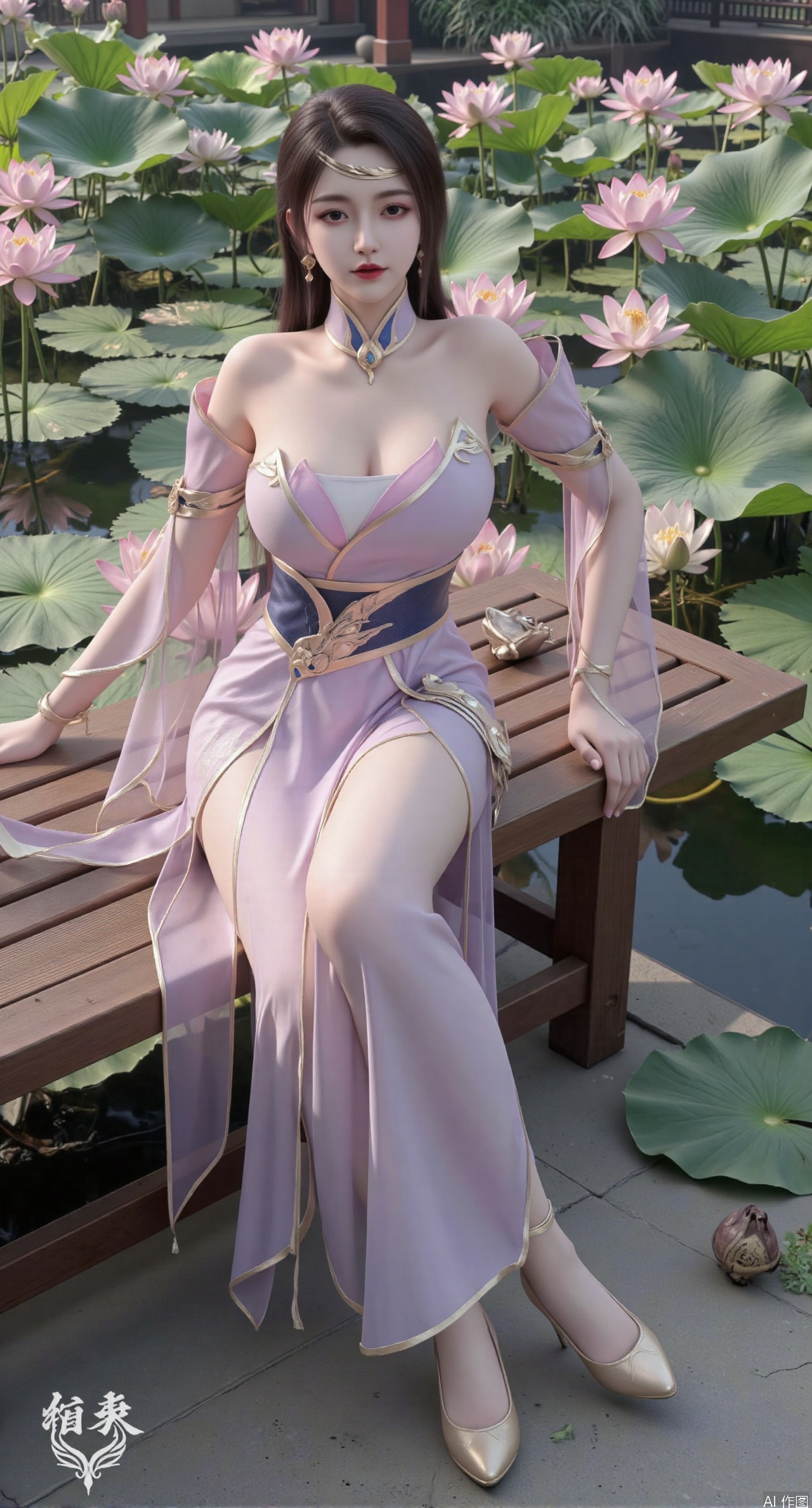  SFW,(masterpiece:1.2),best quality,The image is a digital illustration of a young woman sitting on a wooden bench in a pond with lily pads. She is wearing a long dress with design on the chest and sleeves. The dress has a high neckline and short sleeves,Holding a lotus in hand. She has long dark hair styled in loose waves and is wearing gold high heels. The woman is posing with one hand on her hip and the other resting on the edge of the bench. The background is filled with pink and white lotus flowers and green leaves. The overall mood of the image is peaceful and serene,(huge breasts:2.99),(full breasts:2.99),(Background with traditional Chinese architecture, lotus pond and pink lotus flowers:1.39),XtianqiongY,XliumeiY,large natural breast,soft breasts