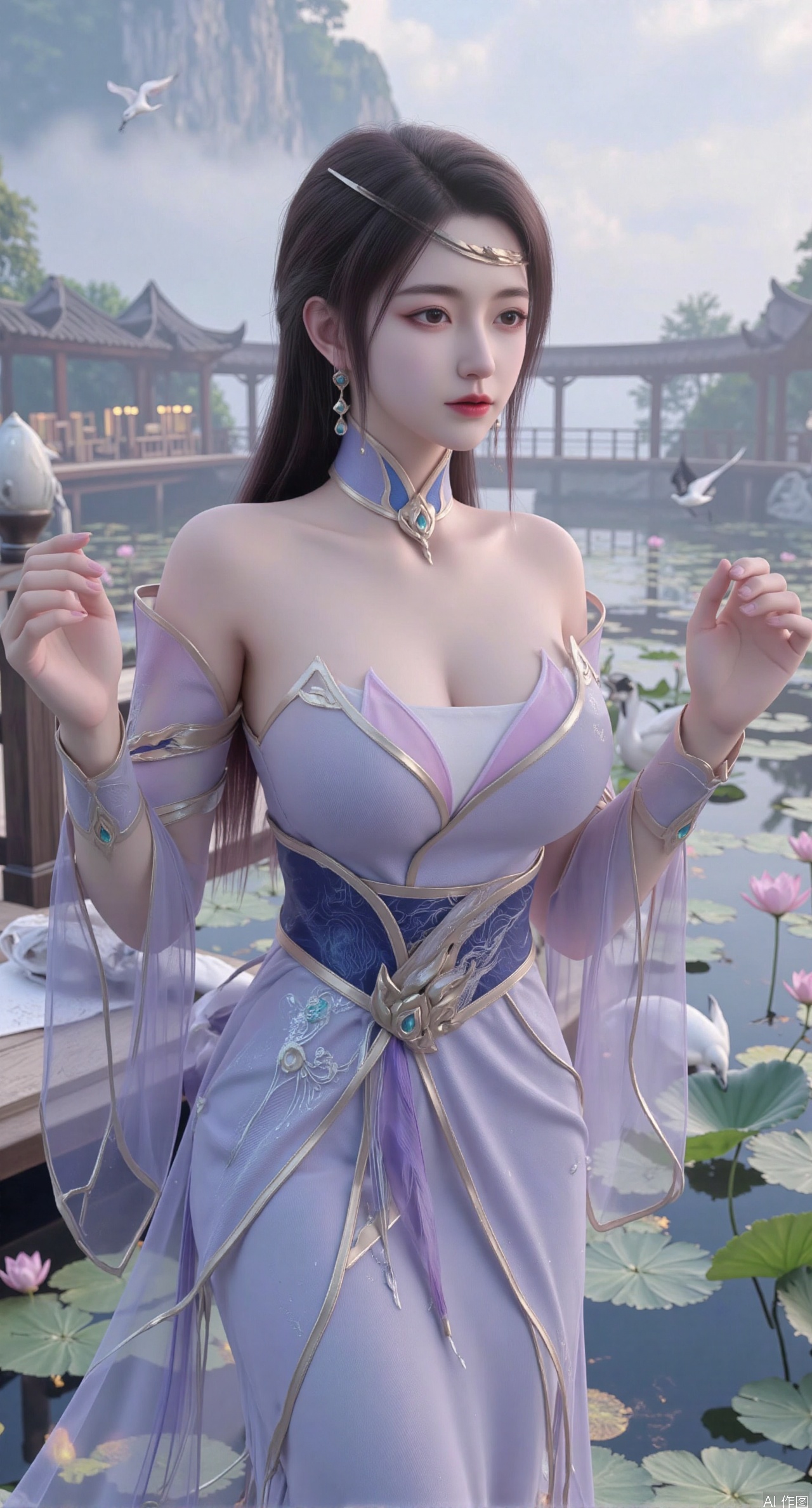 SFW,(masterpiece:1.2),best quality,1girl,solo,long hair,long dress,celestial maiden in flowing tulle gown levitates above lotus pond, ethereal mist trails from hair ribbons, mythical Penglai paradise emerges through clouds with glowing pavilions, translucent bioluminescent lotus blooms, flock of cranes gliding over water surface, ultra HD with soft 3D rendering, morning light filters through mist, falling petal rain, intricate details on scale-patterned fabric and lotus veins.(huge breasts:2.99),(full breasts:2.99),XliumeiY