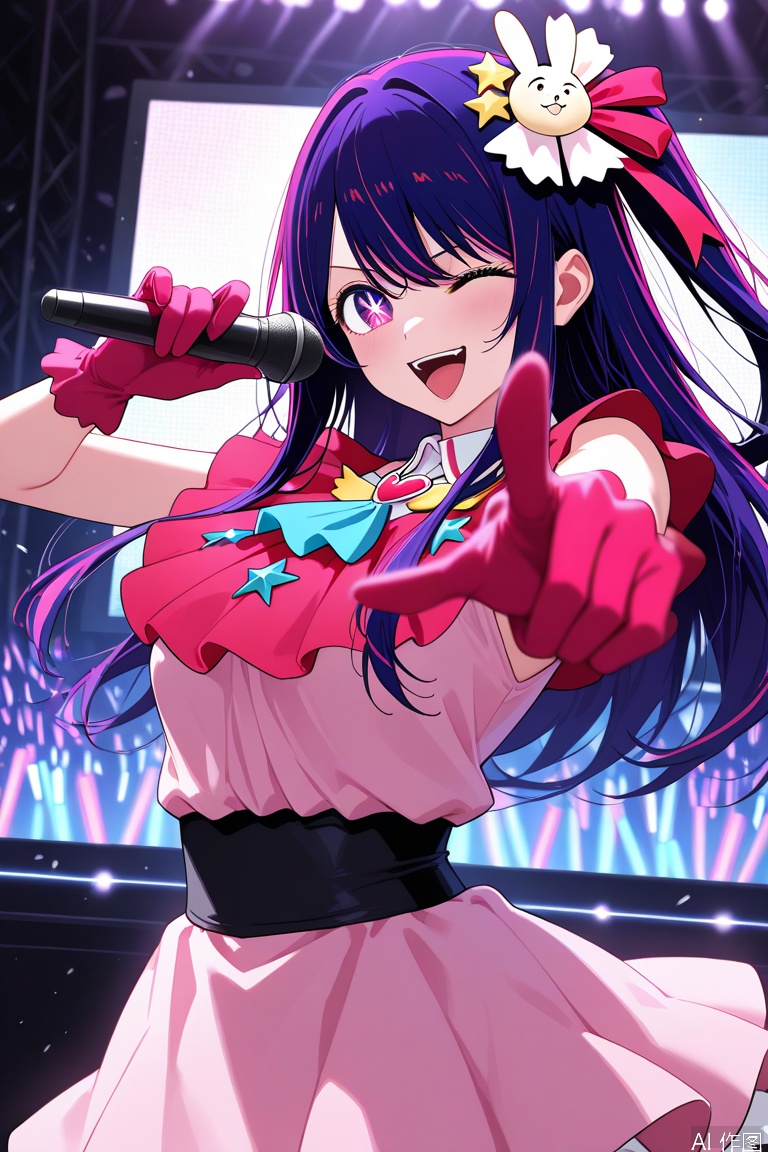  best quality, amazing quality, very aesthetic, absurdres,  newest, 1girl, solo, hoshino ai, oshi no ko,purple hair, purple eyes, long hair, symbol-shaped pupils, star-shaped pupils, star \(symbol\), 
microphone, one eye closed, gloves, holding microphone, hair ornament, smile, pink dress, open mouth, idol, pointing, pointing at viewer,
monitor, stage, penlight \(glowstick\)