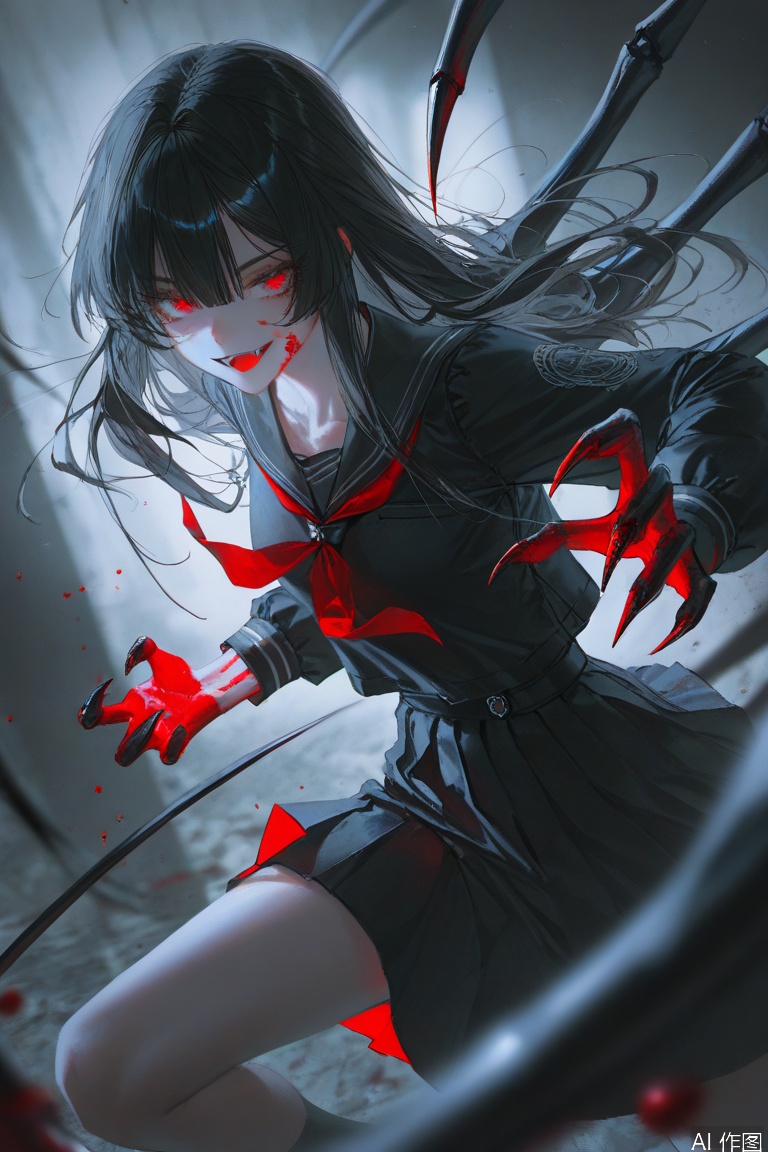 depth of field,(artist:quasarcake:0.8),extreme aesthetic,(wlop:0.6),wanke,relle,wanke,masterpiece,best quality,good quality,newest,year 2024,year 2023,very aesthetic,absurdres,A shot with tension,ultra-high resolution,32K UHD,sharp focus,best quality,masterpiece,
1girl, black long hair, red eyes, black serafuku, seductive smile, fighting stance, black spider hand, claws, open mouth, fang, blood on face, blood on hand