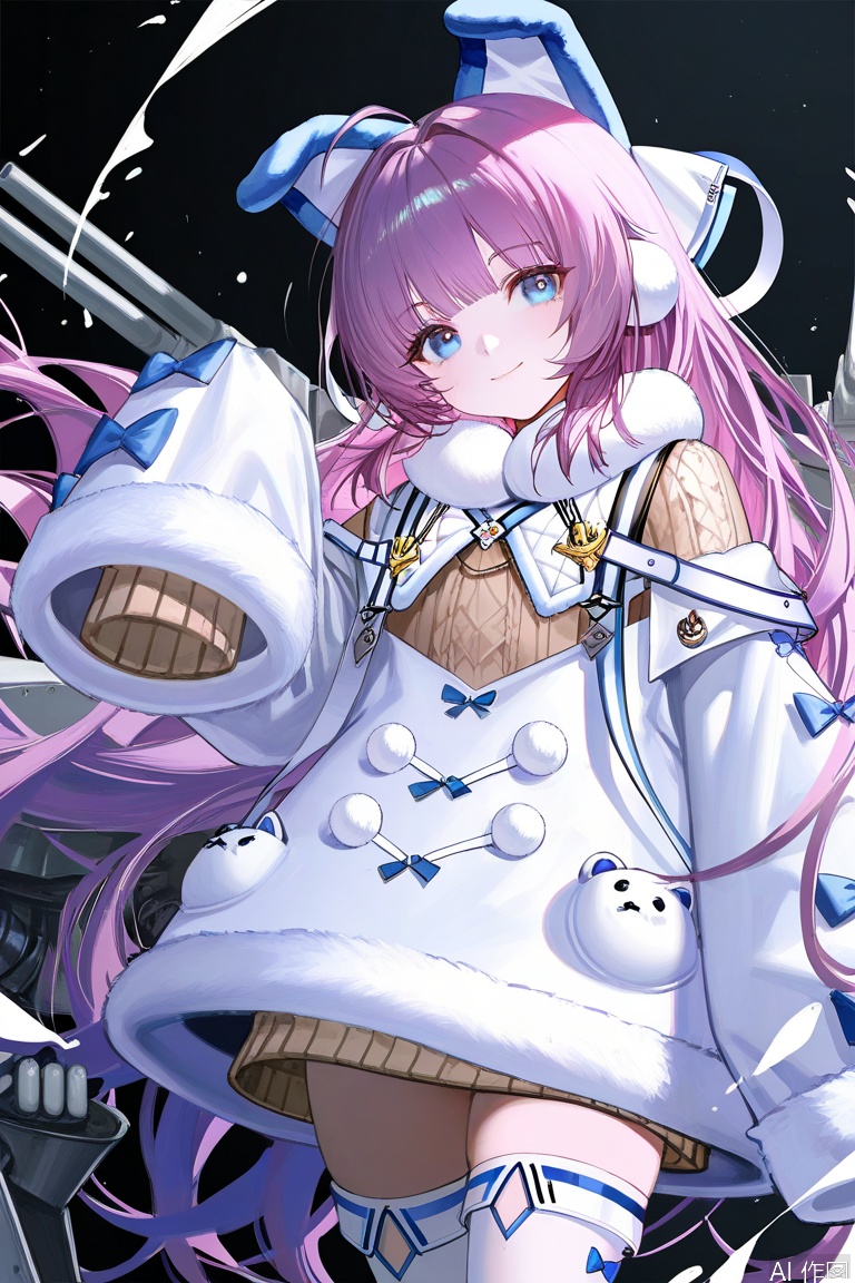 1girl,tashkent \(azur lane\),azur lane,
reoen,liduke,eboda-x,yuyumu,(ningen mame:0.907),ciloranko,noyu \(noyu23386566\),morikura en,
cowboy shot,animal ears,blue eyes,brown sweater,coat,coat dress,fake animal ears,fur-trimmed coat,fur-trimmed sleeves,fur trim,long hair,long sleeves,looking at viewer,purple hair,rigging,sleeves past fingers,sleeves past wrists,solo,sweater,thighhighs,very long hair,very long sleeves,white coat,white thighhighs,winter clothes,zettai ryouiki,
very aesthetic,high definition,smile,ponytail,sleeveless sweater,closed mouth,sleeveless,arm up,amazing quality of life \(arknights\),
A young girl with long purple hair and blue eyes. she is wearing a white dress with black polka dots and has a pair of cat ears on her head. the girl is standing in front of a dark background with splashes of pink,blue,and green. there are also several other objects scattered around her,including a large robot-like figure on the left side of the image. the overall style of the illustration is anime-inspired.,
masterpiece,best quality,very aesthetic,highres,absurdres,sensitive,