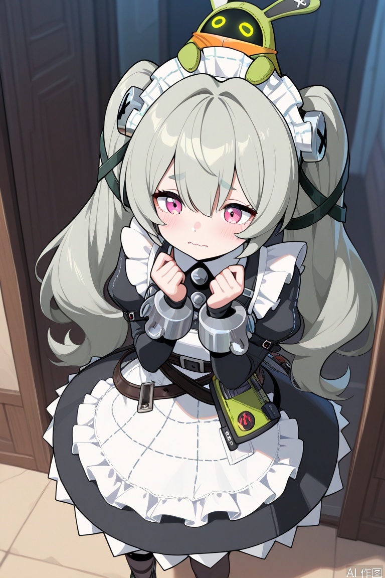 (masterpiece, best quality),safe,amazing quality,very aesthetic,absurdres,highres,newest,
1girl,corin wickes,pink eyes,grey hair,twintails,maid,wavy mouth,object on head,bangboo \(zenless zone zero\),