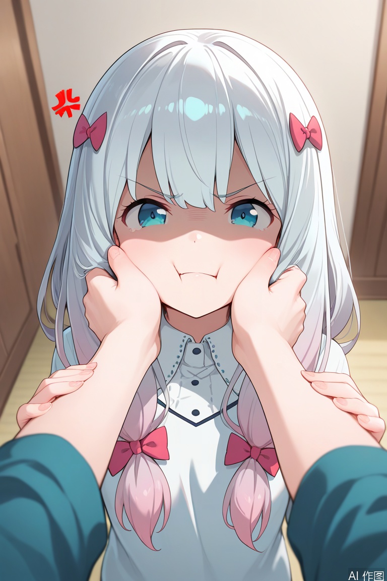 masterpiece,best quality,amazing quality,very aesthetic,absurdres,newest,
izumi_sagiri, scowl, pov, anger_vein, tsundere, pov, shaded_face, cheek_pinching,indoors,
