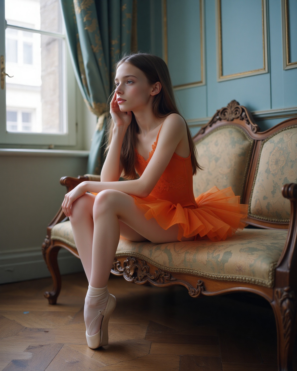 The photograph captures a poignant moment of a young ballerina,  presumably around 12 to 14 years old,  seated contemplati...