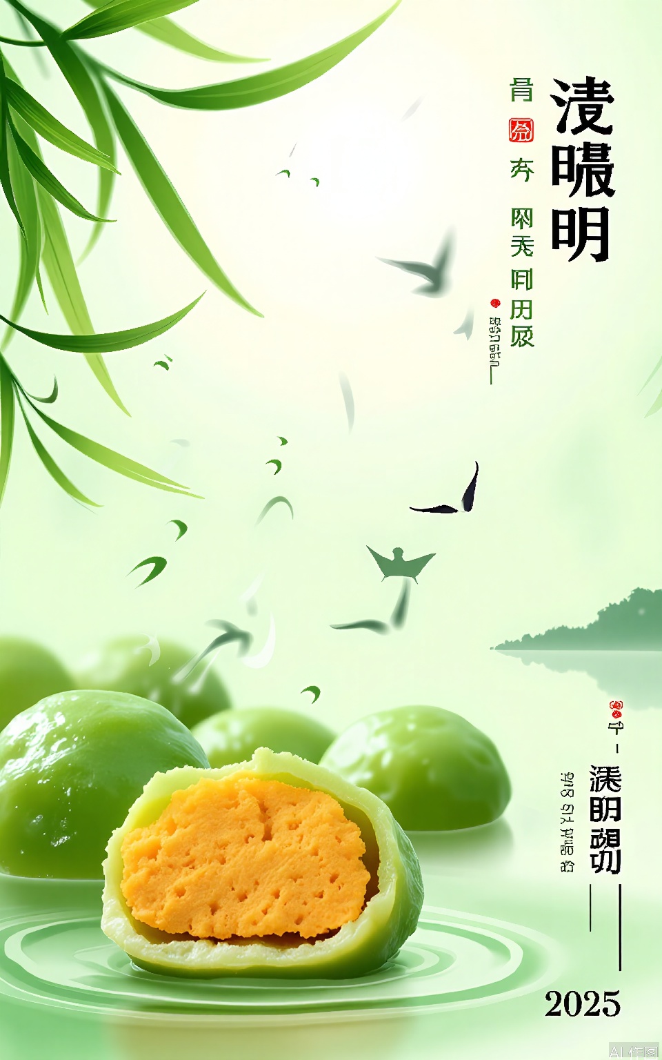 QMJ, A vibrant, digital illustration in a traditional Chinese style, featuring a large, green dumpling with an orange filling, placed in the center. Surrounding the dumpling are water droplets and a few green leaves. In the background, a small boat is seen on a calm lake, with birds flying in the sky. The text "2025" and Chinese characters are at the bottom right. The top left corner has the text "DAI" with a small red seal. The color palette is primarily green and orange, with a serene, natural ambiance.
