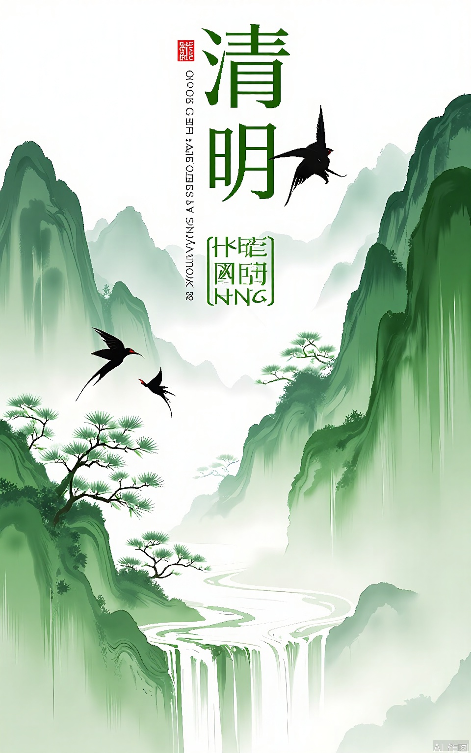 QMJ, A digital painting of a serene mountain landscape with mist and waterfalls, featuring two birds in flight, one with wings fully spread and the other mid-flight, both with long tails. The mountains are lush with greenery and there are tall pine trees scattered throughout. The sky is a soft gradient of blues and whites, blending into the mist. The overall color palette is cool with shades of green, blue, and white. The title "SPRING" is prominently displayed at the top in large, elegant green letters, with additional Chinese characters below it. The scene is tranquil and picturesque.