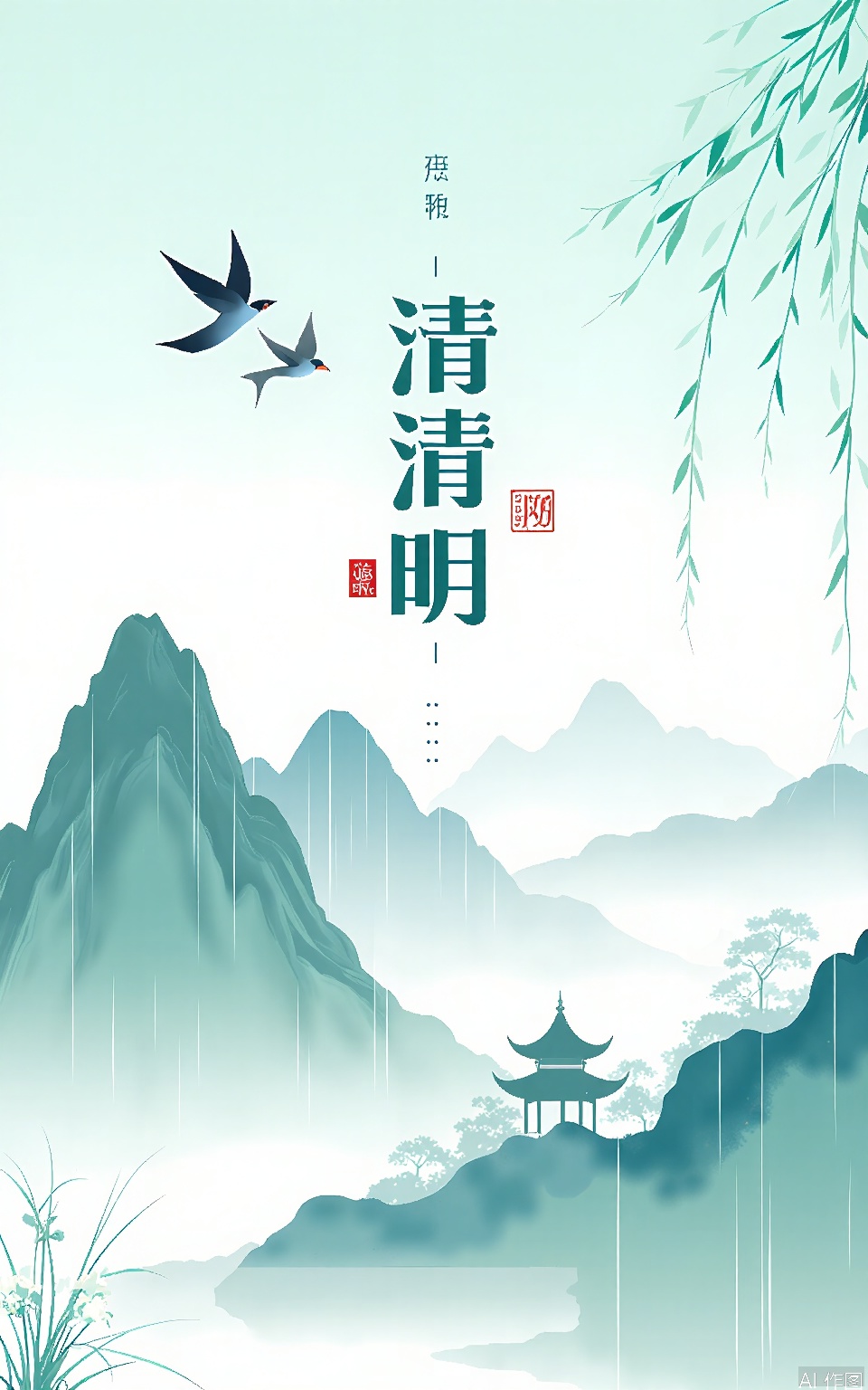 QMJ, Digital art in a traditional Chinese style, featuring a serene landscape with misty mountains, a small temple in the distance, and a large, stylized tree with drooping branches on the right. The sky is a gradient of light blue and white, with soft, falling rain. Two birds are flying in the sky, and a few white flowers are blooming in the foreground. The text in the center is written in Chinese characters and reads "Qing Ming 4/4." The overall color palette is soft and calming, with shades of blue, white, and green.