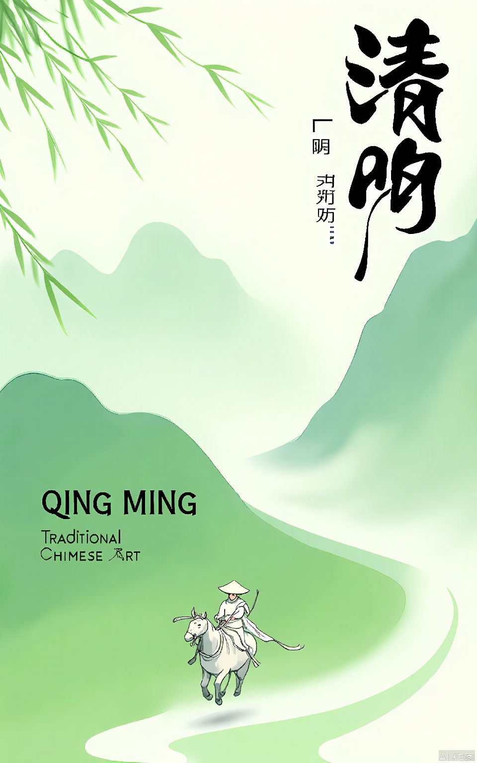 QMJ, Digital art in a traditional Chinese style, featuring a lone horseman riding through a serene landscape. The rider is dressed in a simple, traditional outfit with a conical hat, riding a horse with flowing reins. The background is a lush, green landscape with rolling hills and a winding river. The sky is pale blue with soft, wispy clouds. The title "QING MING" is prominently displayed in bold, black calligraphy at the top right, with the subtitle "Traditional Chinese Art" in smaller text below. The artwork is framed by delicate, light green bamboo leaves at the top and bottom edges.