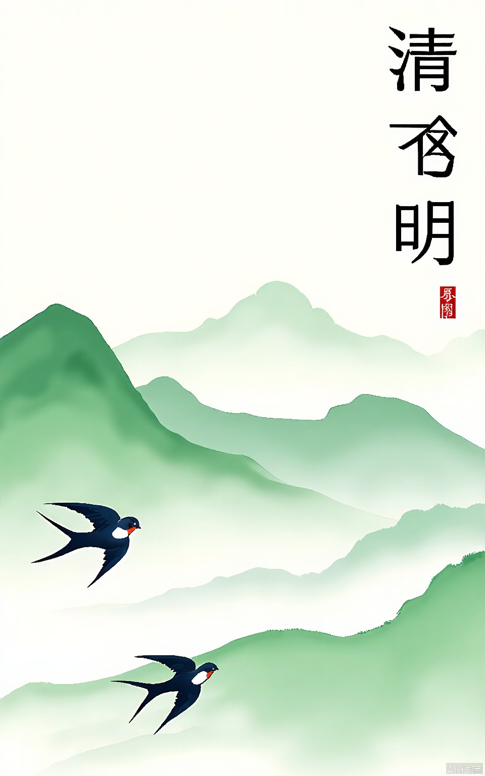 QMJ, Digital art of a serene landscape, featuring rolling green hills and misty mountains in the background. Two birds, possibly swallows, are flying in the foreground, one above and one below. The sky is a soft gradient of pale blue and white, suggesting early morning or late afternoon light. The artwork has a calm, peaceful atmosphere with delicate brush strokes and soft colors. Chinese text is present in the upper right corner.