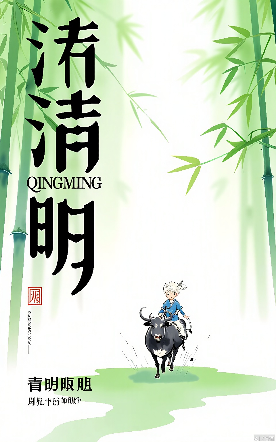 QMJ, A digital illustration in a minimalist, watercolor style featuring a young person riding a black cow in a bamboo forest. The person is wearing a traditional blue and white outfit and has short, light hair. The bamboo stalks are tall and slender, with green leaves that sway gently. The background is a soft, light green with faint, overlapping brush strokes. The text "QINGMING" is prominently displayed in black Chinese characters on the left side, with smaller English text below. The overall mood is serene and tranquil, evoking a sense of harmony with nature.