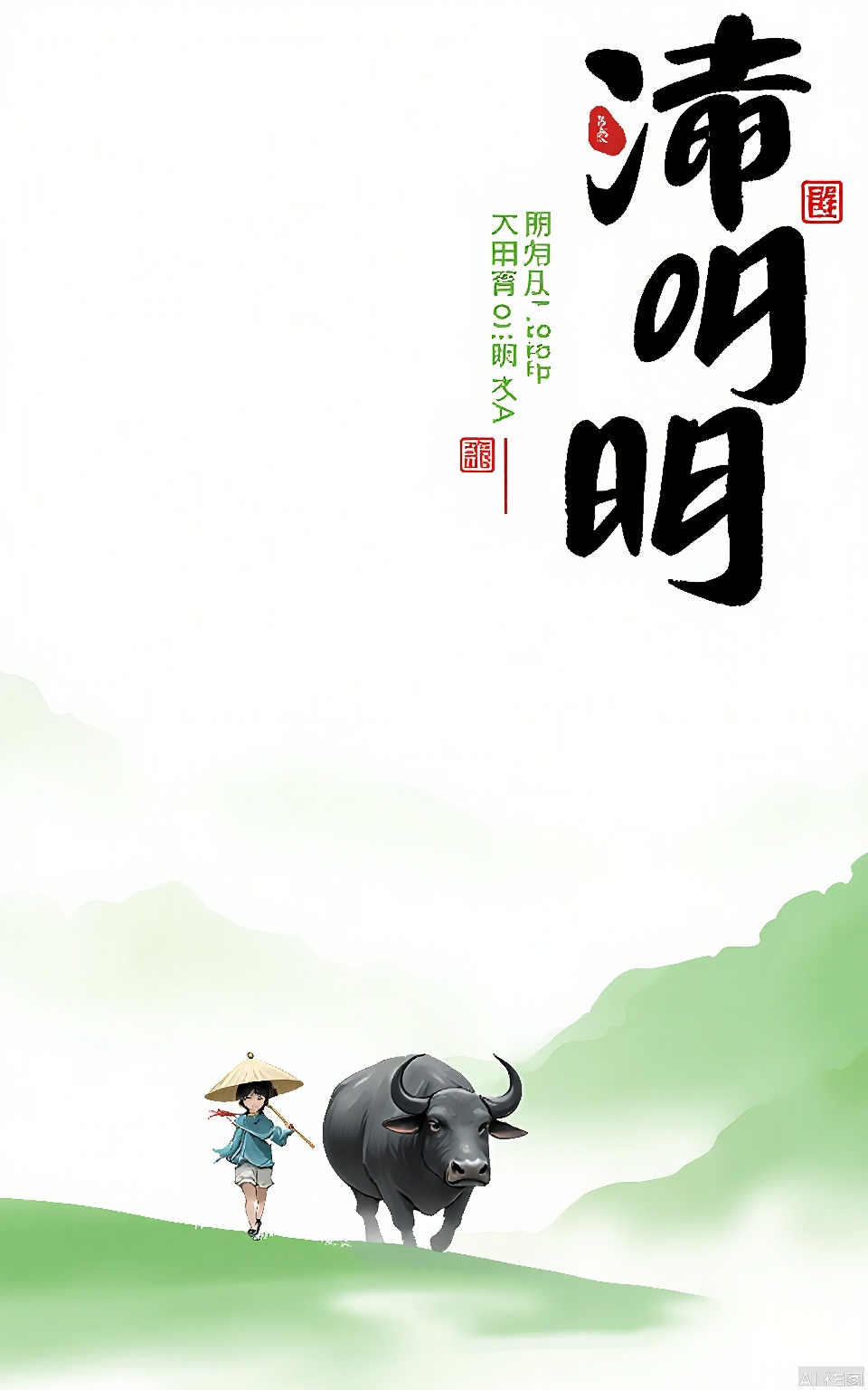 QMJ, Digital illustration, traditional Chinese art style, featuring a serene landscape with a young girl wearing a conical hat and carrying a bamboo pole walking alongside a large black water buffalo. The girl is dressed in simple, traditional clothing with a blue top and white pants. The background showcases a misty, pale green and white gradient, evoking a sense of tranquility and natural beauty. Chinese characters are prominently displayed in the upper portion of the image, with the date "2022.05.04" and additional text in red and green. The overall composition is balanced, with the girl and buffalo positioned centrally, conveying a peaceful rural scene.