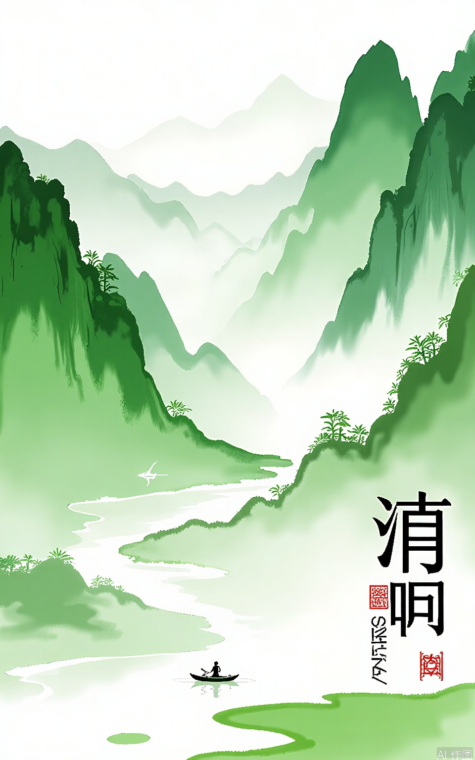 QMJ, Digital art of a serene, misty landscape with lush green mountains and a winding river. A small boat with a person paddling is in the foreground. The background features dense forest and misty hills. The colors are predominantly green and white, with soft, ethereal lighting. The style is reminiscent of traditional Chinese watercolor paintings. The text "Solar Terms" and "China" are prominently displayed in the lower right corner.