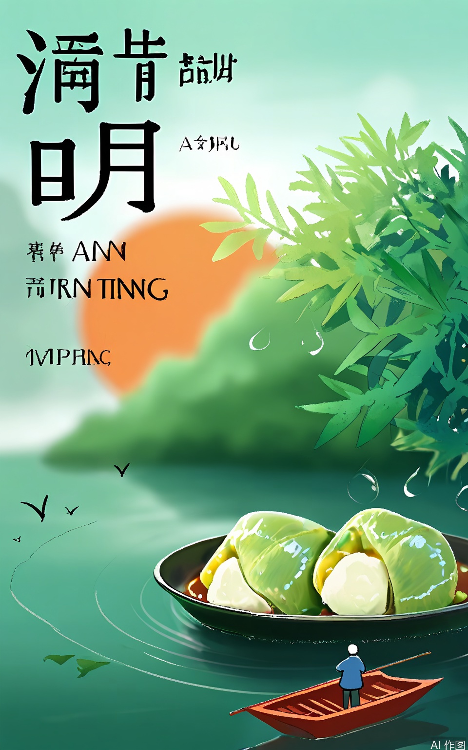 QMJ, A vibrant, digital illustration in a traditional Chinese style, featuring a large, green dumpling with an orange filling, placed in the center. Surrounding the dumpling are water droplets and a few green leaves. In the background, a small boat is seen on a calm lake, with birds flying in the sky. The text "2025" and Chinese characters are at the bottom right. The top left corner has the text "DAI" with a small red seal. The color palette is primarily green and orange, with a serene, natural ambiance.
