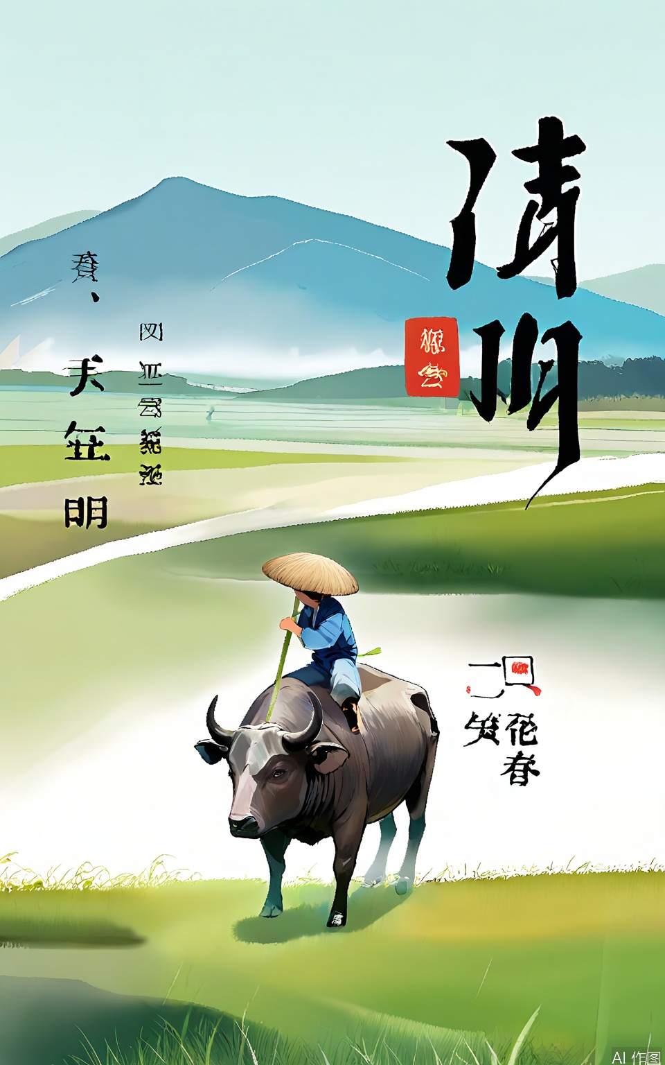 QMJ, Digital illustration, traditional Chinese art style, featuring a serene landscape with a young girl wearing a conical hat and carrying a bamboo pole walking alongside a large black water buffalo. The girl is dressed in simple, traditional clothing with a blue top and white pants. The background showcases a misty, pale green and white gradient, evoking a sense of tranquility and natural beauty. Chinese characters are prominently displayed in the upper portion of the image, with the date "2022.05.04" and additional text in red and green. The overall composition is balanced, with the girl and buffalo positioned centrally, conveying a peaceful rural scene.
