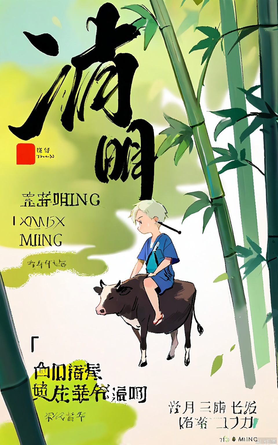 QMJ, A digital illustration in a minimalist, watercolor style featuring a young person riding a black cow in a bamboo forest. The person is wearing a traditional blue and white outfit and has short, light hair. The bamboo stalks are tall and slender, with green leaves that sway gently. The background is a soft, light green with faint, overlapping brush strokes. The text "QINGMING" is prominently displayed in black Chinese characters on the left side, with smaller English text below. The overall mood is serene and tranquil, evoking a sense of harmony with nature.
