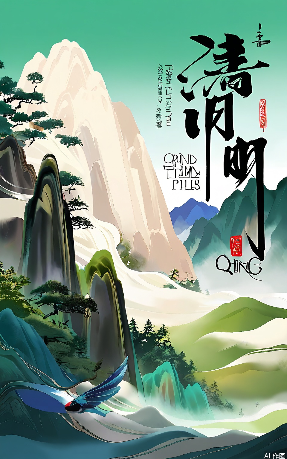 QMJ, A digital painting of a serene mountain landscape with mist and waterfalls, featuring two birds in flight, one with wings fully spread and the other mid-flight, both with long tails. The mountains are lush with greenery and there are tall pine trees scattered throughout. The sky is a soft gradient of blues and whites, blending into the mist. The overall color palette is cool with shades of green, blue, and white. The title "SPRING" is prominently displayed at the top in large, elegant green letters, with additional Chinese characters below it. The scene is tranquil and picturesque.
