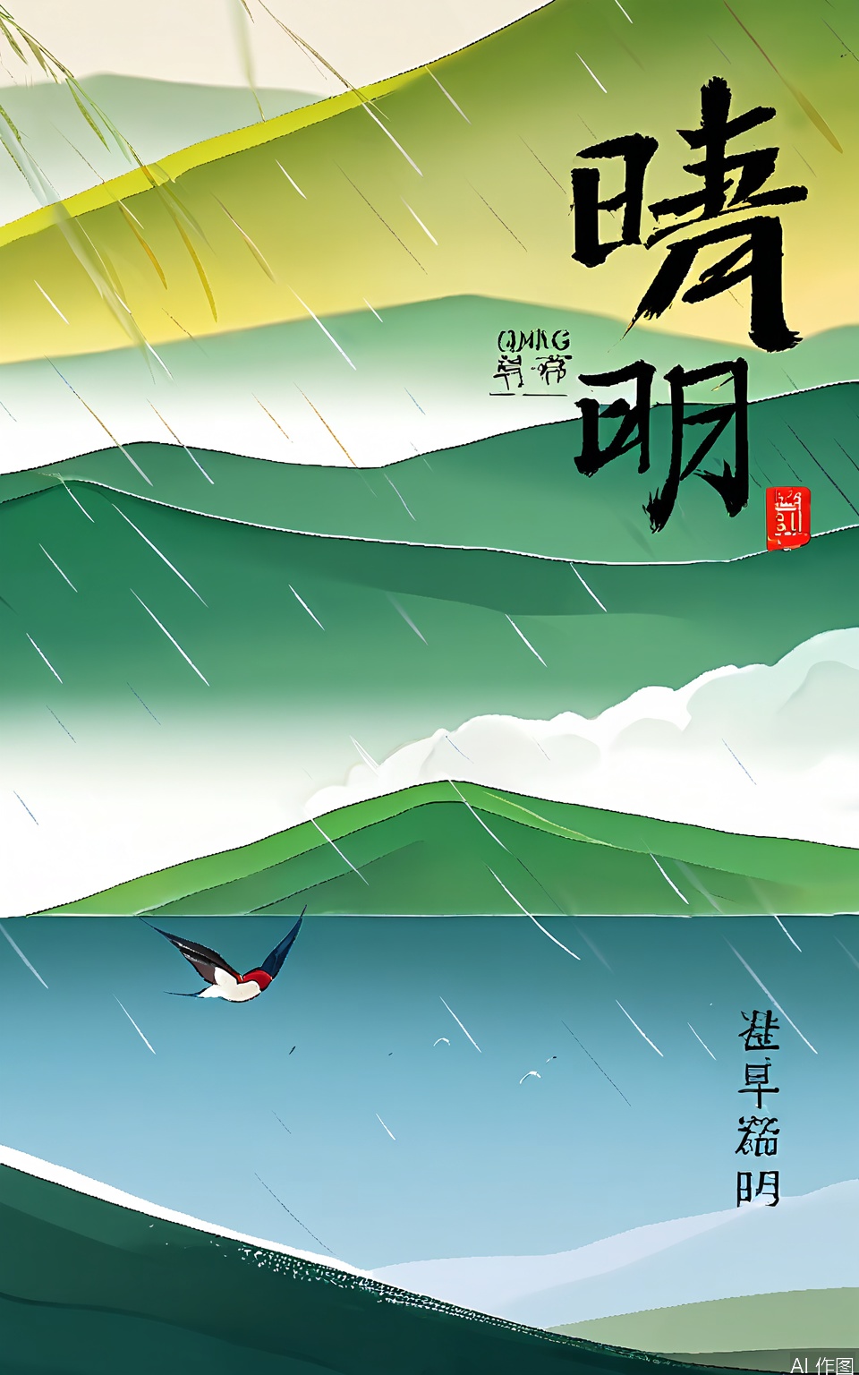 QMJ, Digital art of a serene landscape, featuring rolling green hills and misty mountains in the background. Two birds, possibly swallows, are flying in the foreground, one above and one below. The sky is a soft gradient of pale blue and white, suggesting early morning or late afternoon light. The artwork has a calm, peaceful atmosphere with delicate brush strokes and soft colors. Chinese text is present in the upper right corner.
