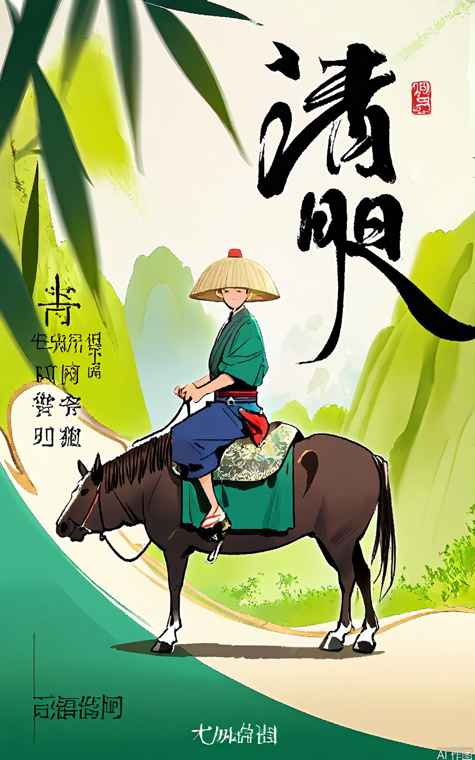 QMJ, Digital art in a traditional Chinese style, featuring a lone horseman riding through a serene landscape. The rider is dressed in a simple, traditional outfit with a conical hat, riding a horse with flowing reins. The background is a lush, green landscape with rolling hills and a winding river. The sky is pale blue with soft, wispy clouds. The title "QING MING" is prominently displayed in bold, black calligraphy at the top right, with the subtitle "Traditional Chinese Art" in smaller text below. The artwork is framed by delicate, light green bamboo leaves at the top and bottom edges.

