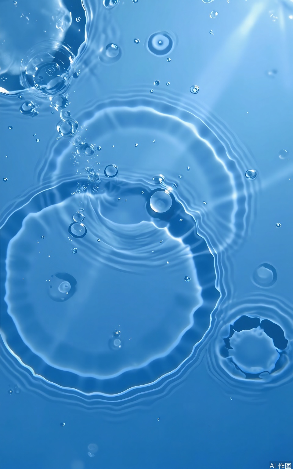 SBW, A serene underwater scene with rippling blue water, creating a sense of depth and tranquility. The light from above creates a shimmering effect on the water's surface, with bubbles and ripples adding to the movement. The color palette is dominated by various shades of blue, with highlights of white and light blue where the light hits the water. The image has a calm and peaceful atmosphere, capturing the beauty of the underwater world. The composition is simple yet effective, focusing on the interplay between light and water.