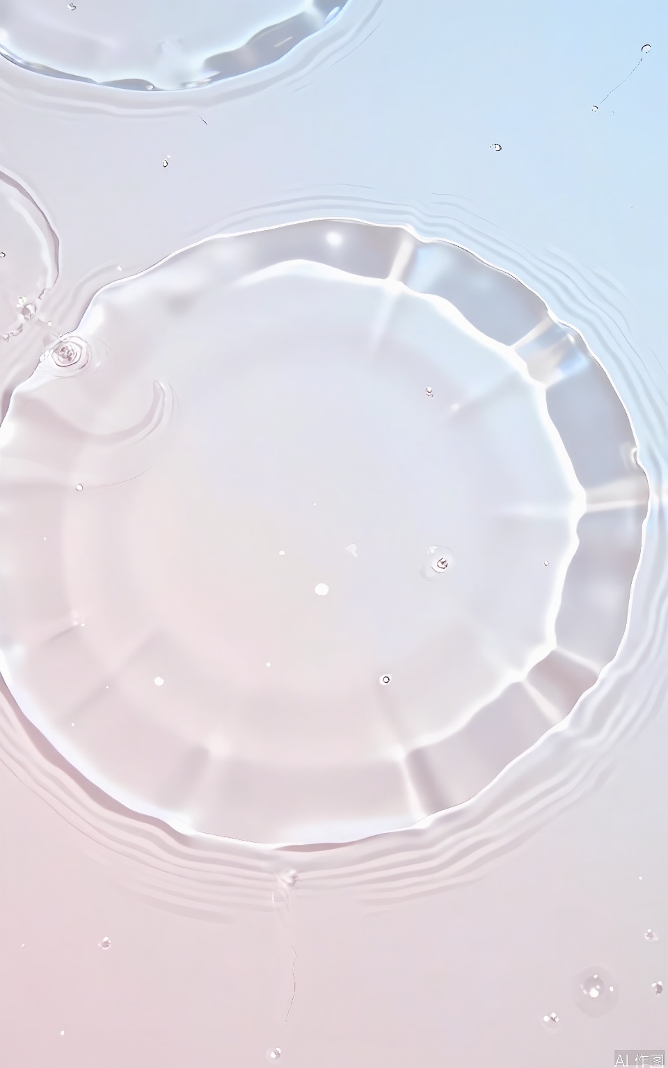 SBW, Photograph of a serene, abstract water scene with a gradient of colors from pale pink to soft blue, creating a calming and ethereal atmosphere. The water appears smooth and reflective, with gentle ripples and subtle light patterns. The image is minimalist, with no discernible objects or people, emphasizing the tranquility and purity of the water. The lighting is soft and diffused, enhancing the dreamy quality of the scene. The overall composition is balanced and soothing, with a focus on the natural beauty of water.