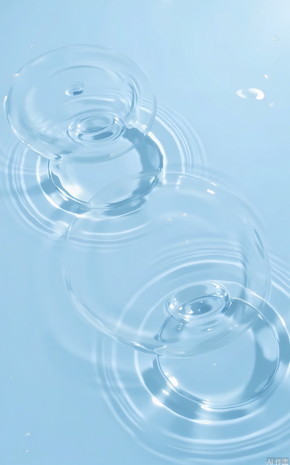 SBW, A photograph of two concentric circles forming ripples on the surface of a calm, light blue body of water, likely a lake or pond. The water is smooth and reflective, with gentle waves emanating from the center. The image is serene and minimalistic, with a soft, pastel color palette. The lighting is natural, casting subtle shadows and highlights on the water's surface. No objects or people are present in the image, focusing solely on the natural beauty of the water.