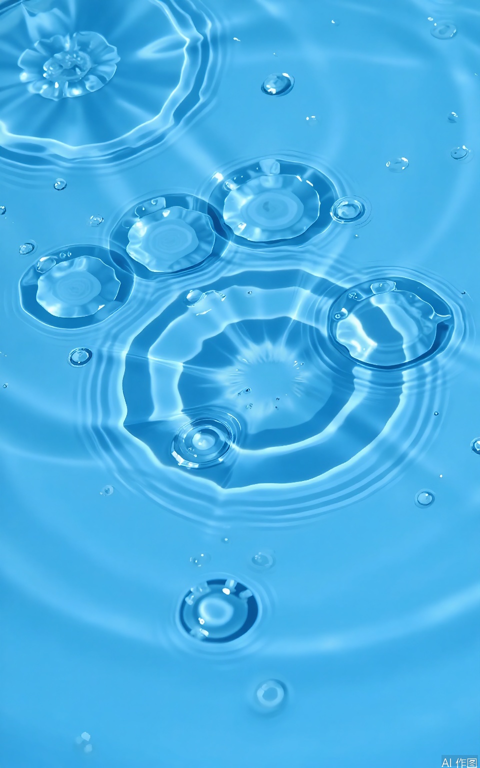 SBW, A close-up photograph of water droplets on a blue surface, likely a pool or a body of water. The droplets vary in size, some larger and some smaller, creating a dynamic and textured pattern. The water has a slight ripple effect, with gentle waves and light reflections. The overall color palette is dominated by different shades of blue, giving the image a calming and serene atmosphere. The image captures the natural beauty of water and the play of light on its surface.