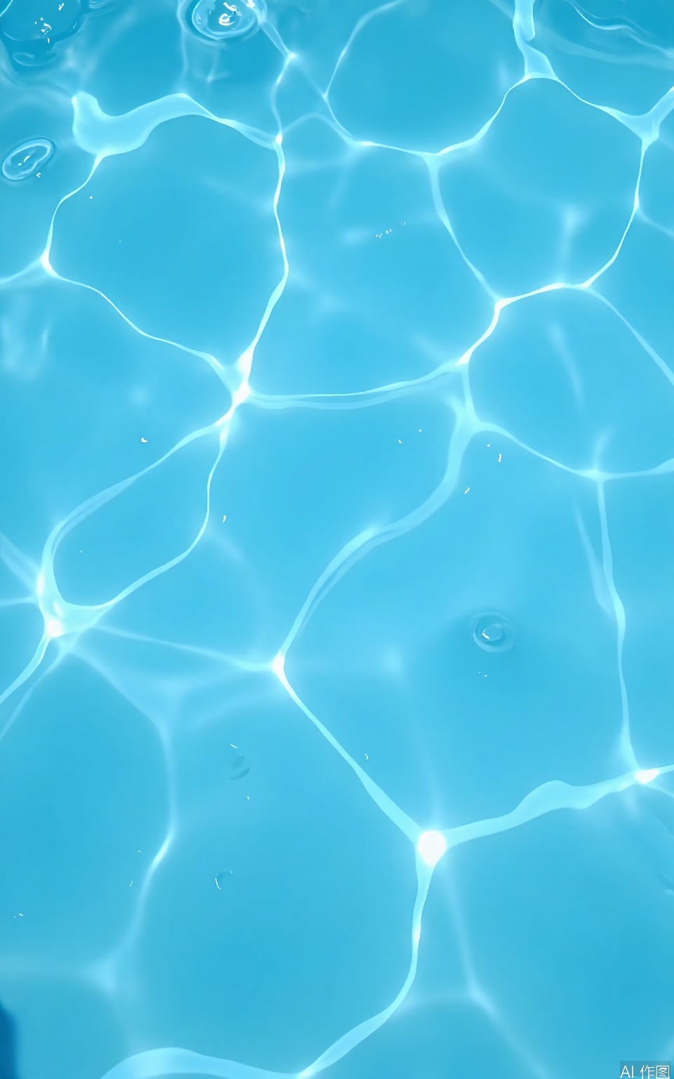 SBW, Photograph of a clear, bright blue swimming pool with rippling water, taken from above. The water creates a dynamic pattern of light and shadow, with reflections of the pool's edge and sky. The pool is empty, and the lighting is natural, suggesting a sunny day. The image captures the serene and refreshing atmosphere of a swimming pool, emphasizing the contrast between the vibrant blue water and the lighter, clouded sky reflections. The water's texture appears smooth, with gentle waves creating a sense of movement.