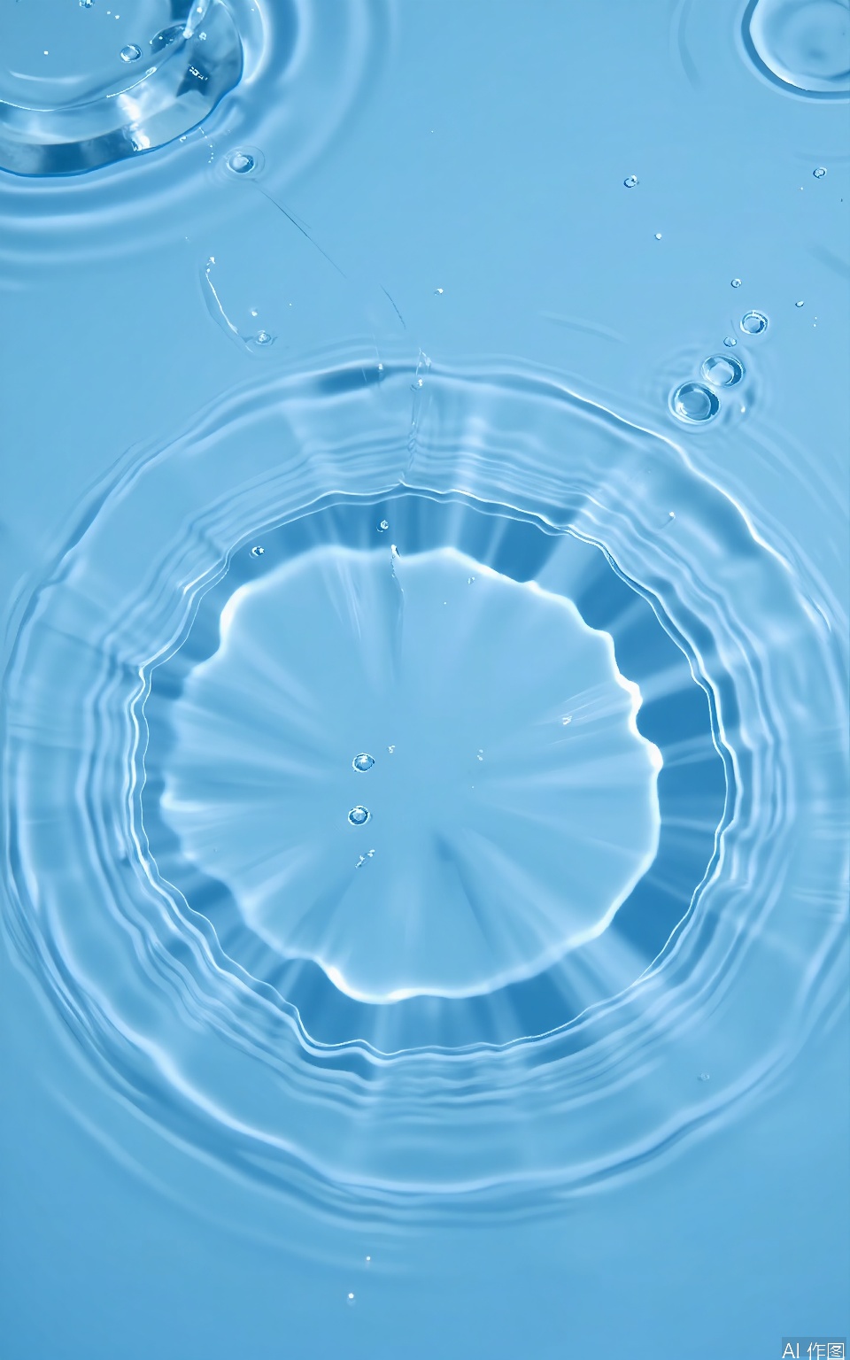 SBW, Photograph of a serene, clear blue water surface, rippling gently, creating a mesmerizing pattern of light and shadow. The water is calm, with soft waves creating a sense of tranquility. The image is devoid of any objects or people, focusing solely on the natural beauty of the water. The lighting is soft, with subtle reflections and highlights on the surface, adding depth and dimension. The color palette is dominated by various shades of blue, creating a peaceful and refreshing atmosphere. The overall composition is simple yet captivating, emphasizing the natural beauty of water.
