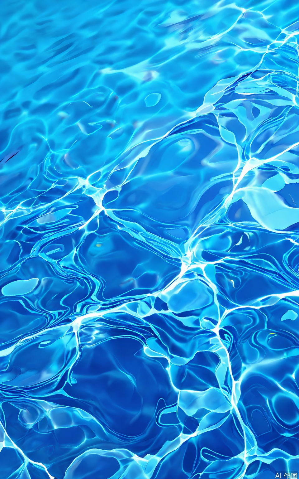 SBW, A photograph of a serene, clear blue swimming pool with rippling water, taken from above. The water's surface is dotted with bright reflections of sunlight, creating a shimmering effect. The pool's edges are not visible, giving the impression of an endless, tranquil expanse of water. The lighting is natural, enhancing the vibrant blue color and the gentle waves. There are no people or objects in the image, focusing solely on the beauty of the water.
