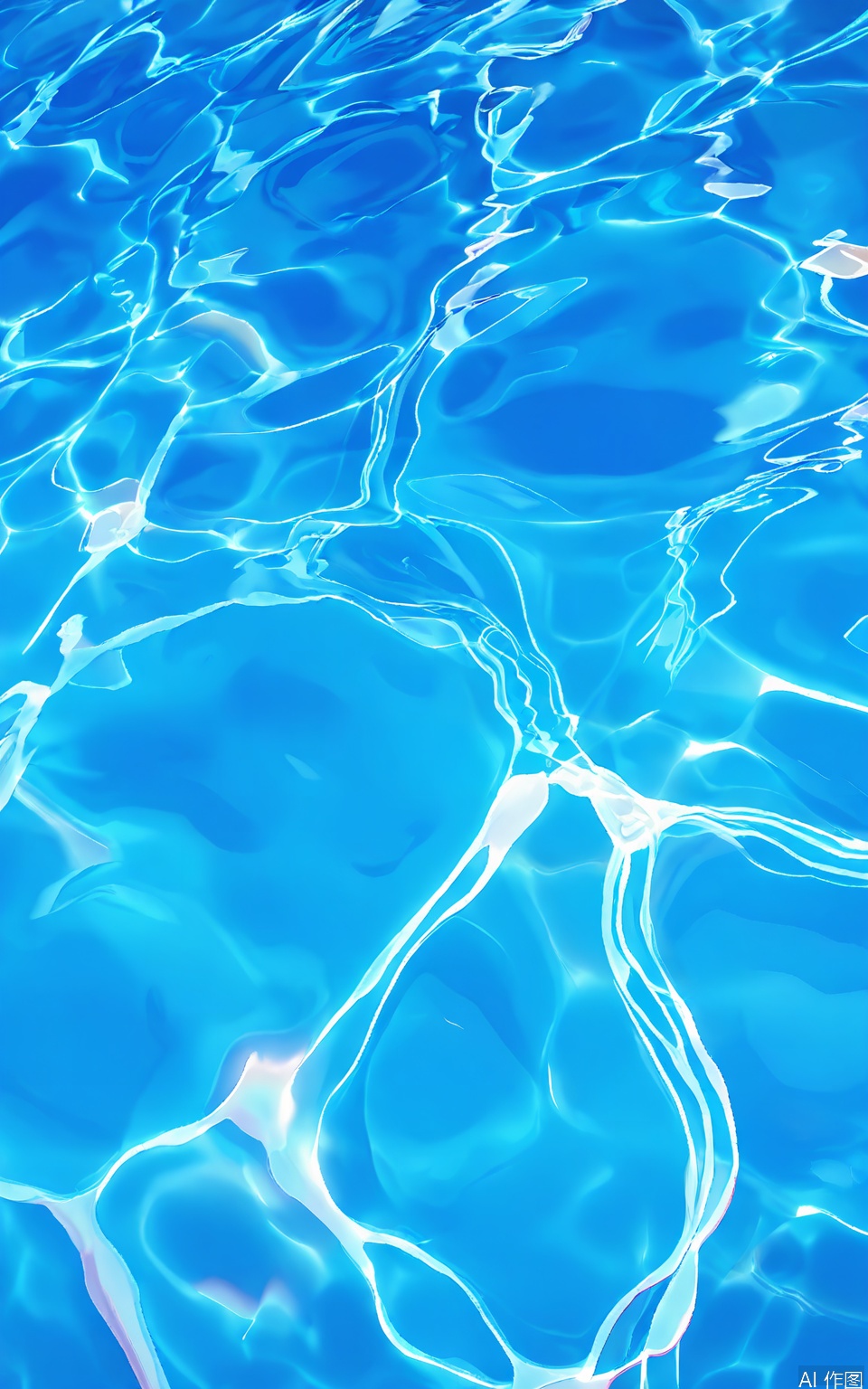 SBW, Photograph of a clear, bright blue swimming pool with rippling water, taken from above. The water creates a dynamic pattern of light and shadow, with reflections of the pool's edge and sky. The pool is empty, and the lighting is natural, suggesting a sunny day. The image captures the serene and refreshing atmosphere of a swimming pool, emphasizing the contrast between the vibrant blue water and the lighter, clouded sky reflections. The water's texture appears smooth, with gentle waves creating a sense of movement.
