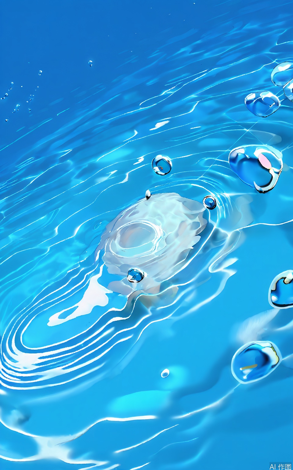 SBW, A serene underwater scene with rippling blue water, creating a sense of depth and tranquility. The light from above creates a shimmering effect on the water's surface, with bubbles and ripples adding to the movement. The color palette is dominated by various shades of blue, with highlights of white and light blue where the light hits the water. The image has a calm and peaceful atmosphere, capturing the beauty of the underwater world. The composition is simple yet effective, focusing on the interplay between light and water.
