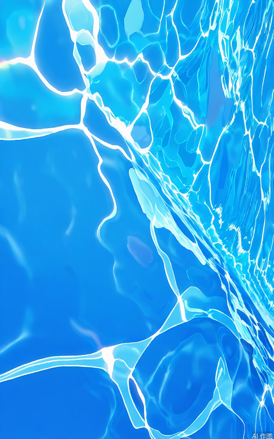 SBW, Photograph of a clear, bright blue swimming pool with rippling water, taken from above. The water creates a dynamic pattern of light and shadow, with reflections of the pool's edge and sky. The pool is empty, and the lighting is natural, suggesting a sunny day. The image captures the serene and refreshing atmosphere of a swimming pool, emphasizing the contrast between the vibrant blue water and the lighter, clouded sky reflections. The water's texture appears smooth, with gentle waves creating a sense of movement.
